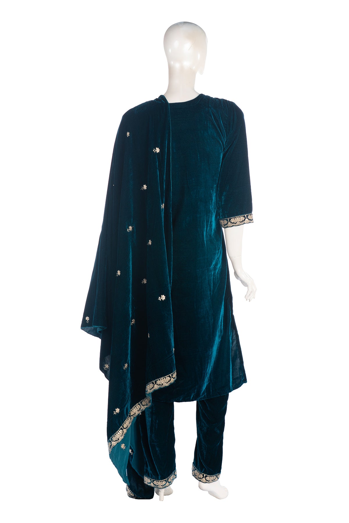 Silakaari Dilkash Dark Green Gold Sequin Patch Zardosi Pure Velvet Bridal Kurti pant set