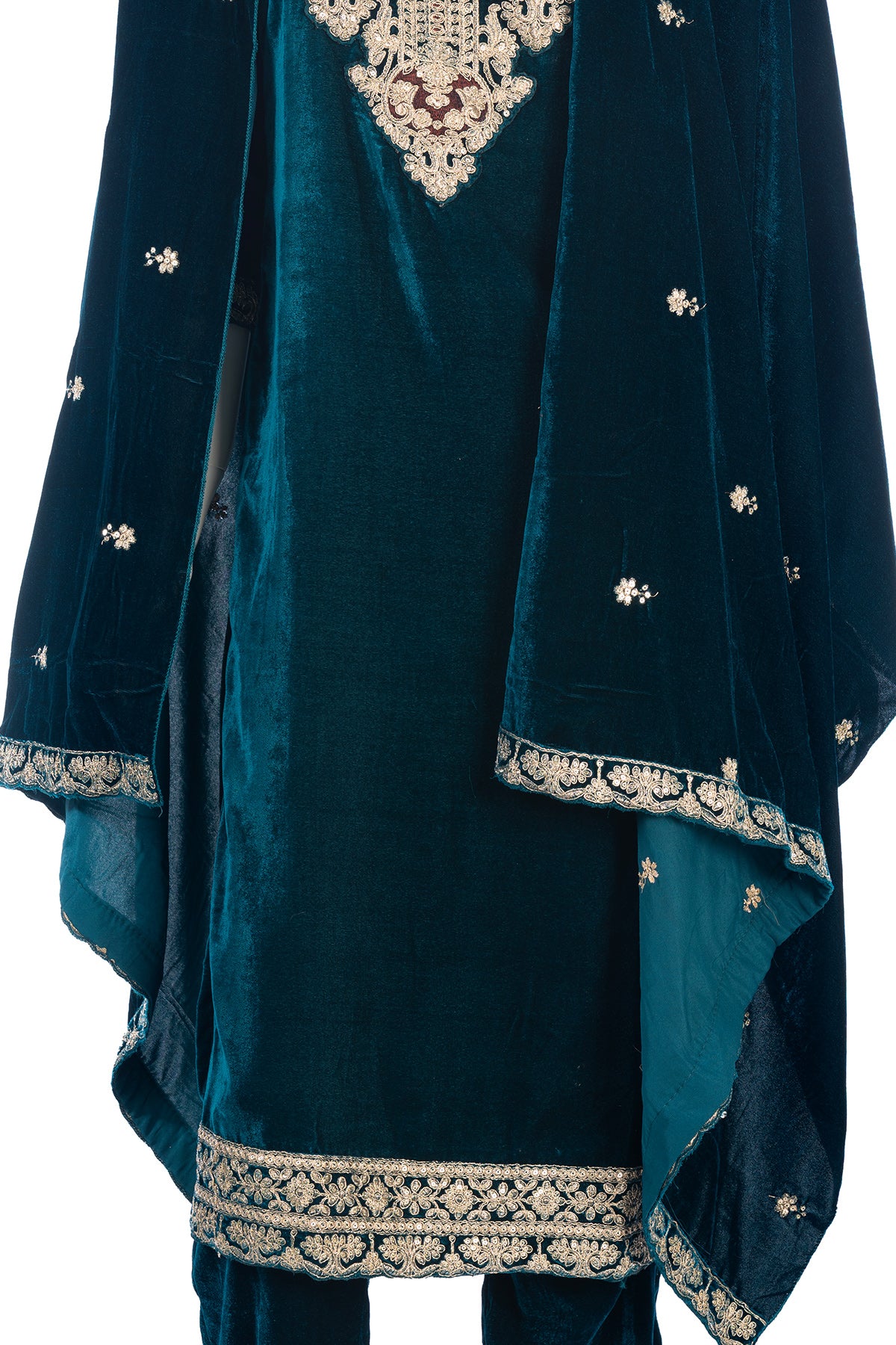 Silakaari Dilkash Dark Green Gold Sequin Patch Zardosi Pure Velvet Bridal Kurti pant set