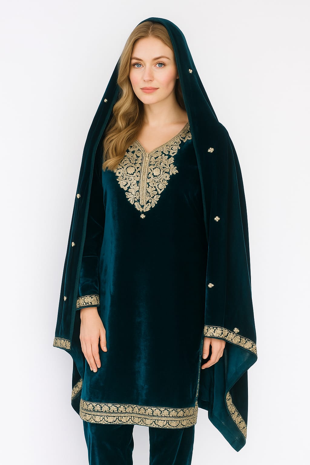Silakaari Dilkash Dark Green Gold Sequin Patch Zardosi Pure Velvet Bridal Kurti pant set
