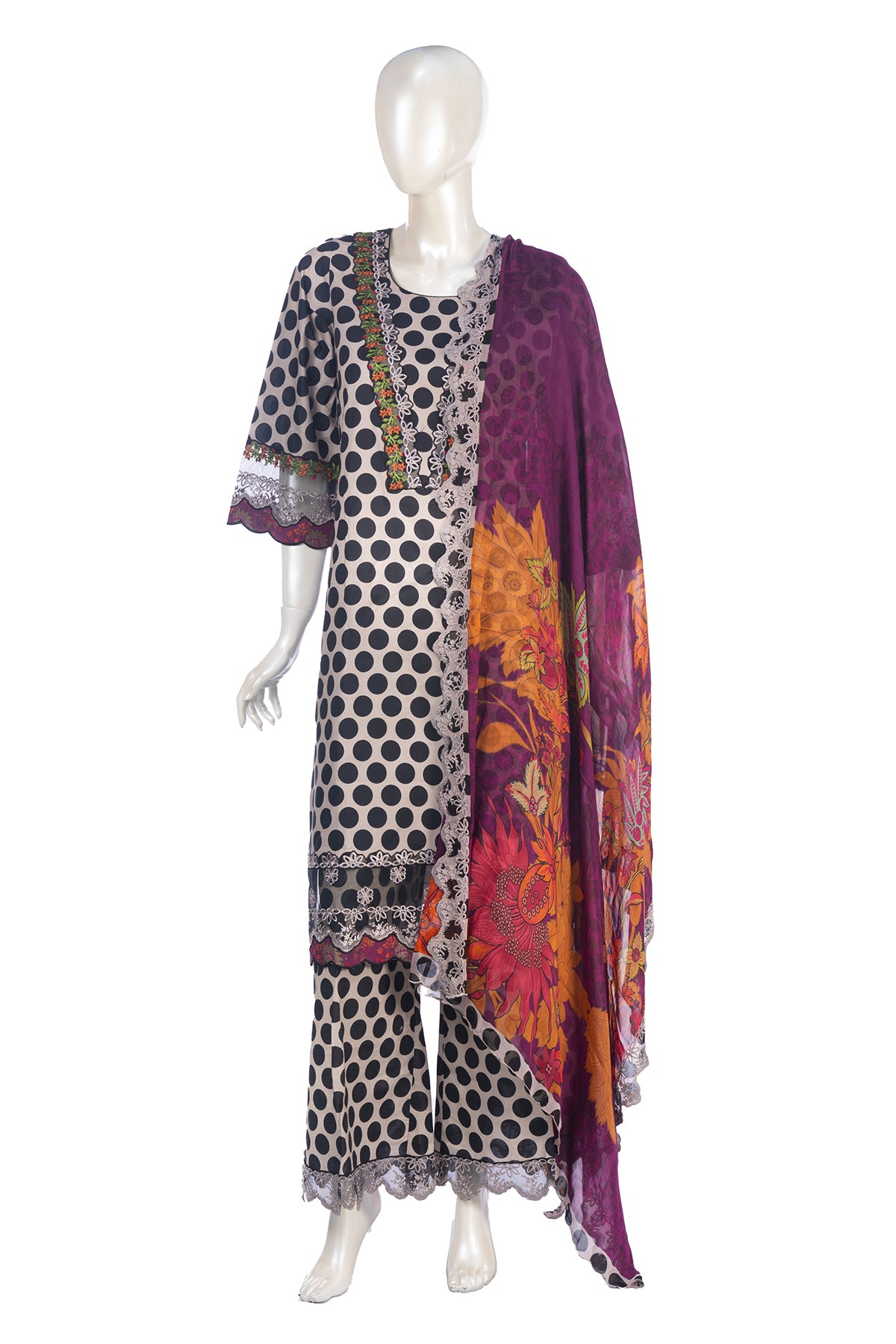 Silakaari Farhat Polka Dot Pure Lawn Beige-Black Pakistani Luxury Pakistani Ready-Made Dress