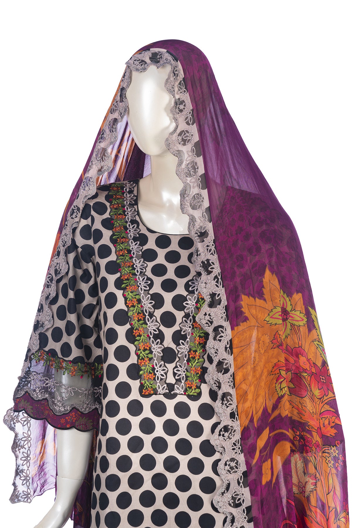 Silakaari Farhat Polka Dot Pure Lawn Beige-Black Pakistani Luxury Pakistani Ready-Made Dress