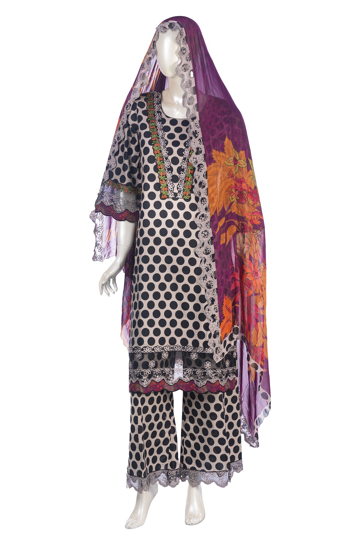 Silakaari Farhat Polka Dot Pure Lawn Beige-Black Pakistani Luxury Pakistani Ready-Made Dress