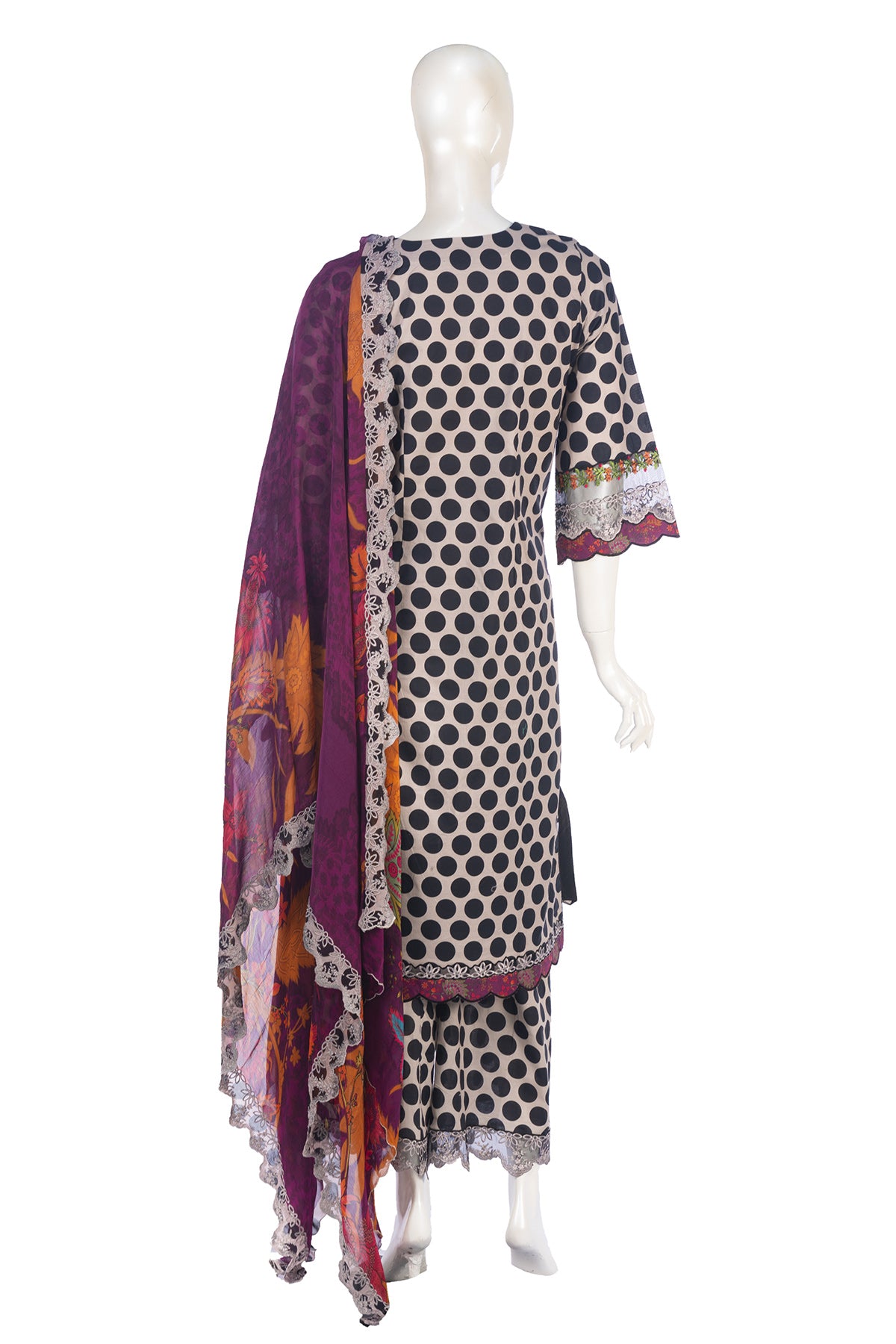 Silakaari Farhat Polka Dot Pure Lawn Beige-Black Pakistani Luxury Pakistani Ready-Made Dress