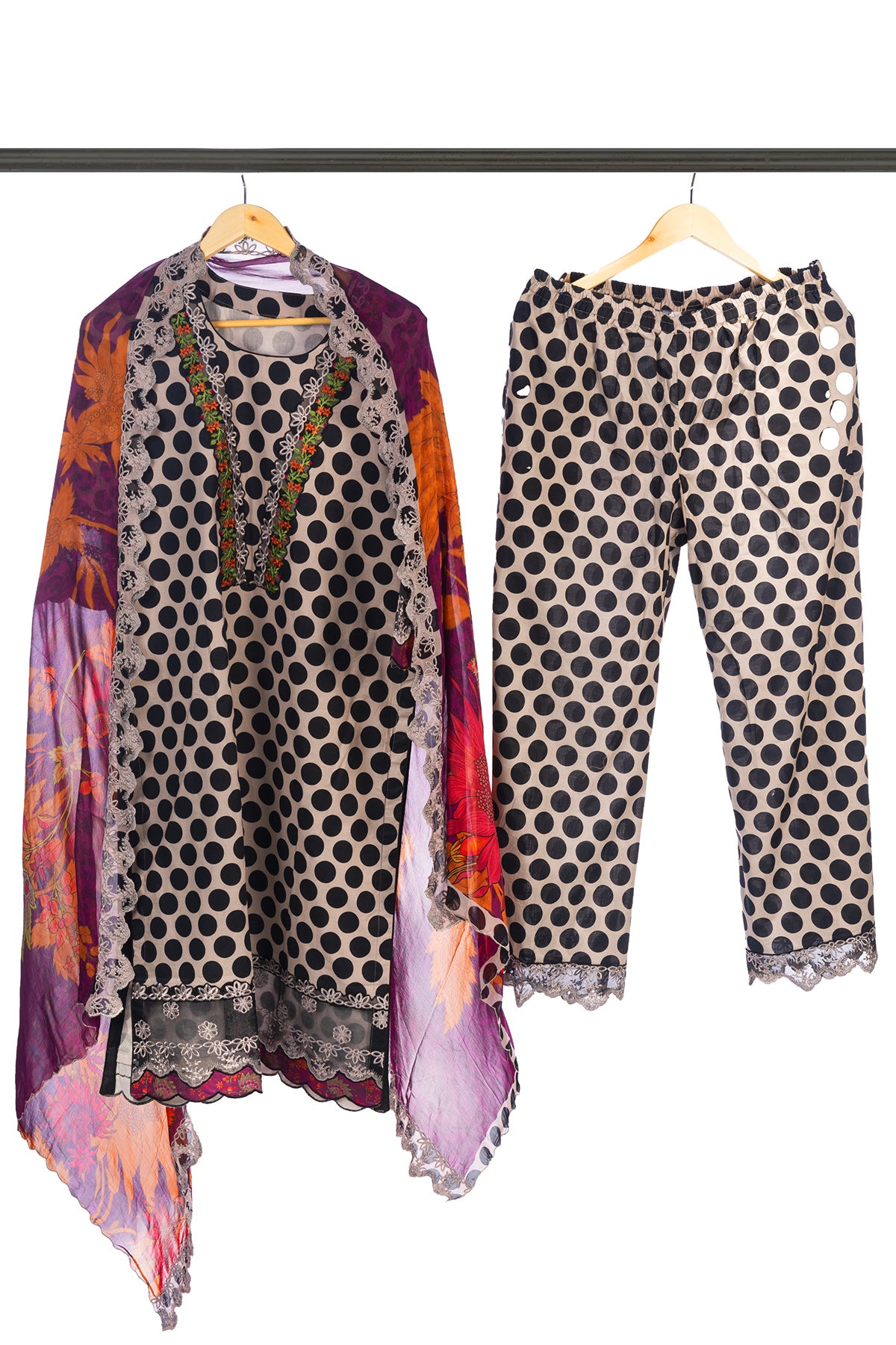 Silakaari Farhat Polka Dot Pure Lawn Beige-Black Pakistani Luxury Pakistani Ready-Made Dress