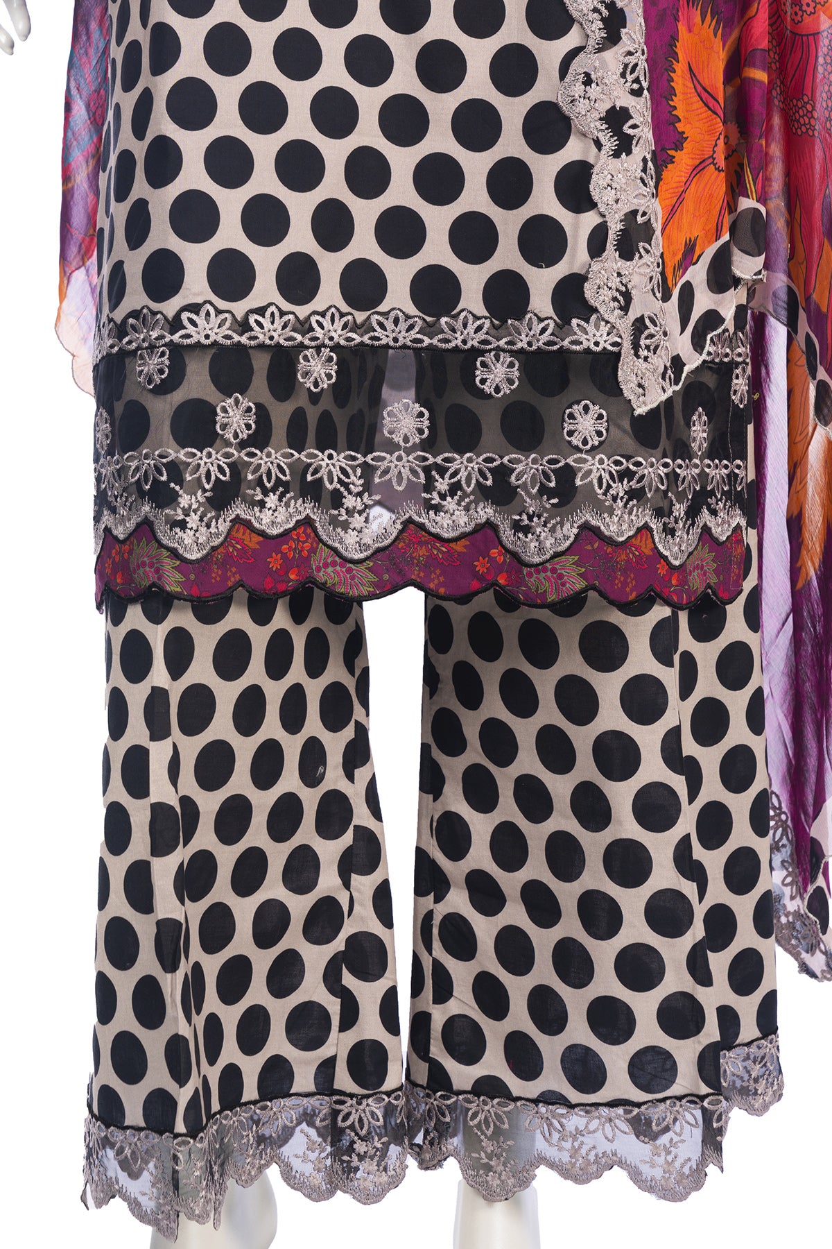 Silakaari Farhat Polka Dot Pure Lawn Beige-Black Pakistani Luxury Pakistani Ready-Made Dress