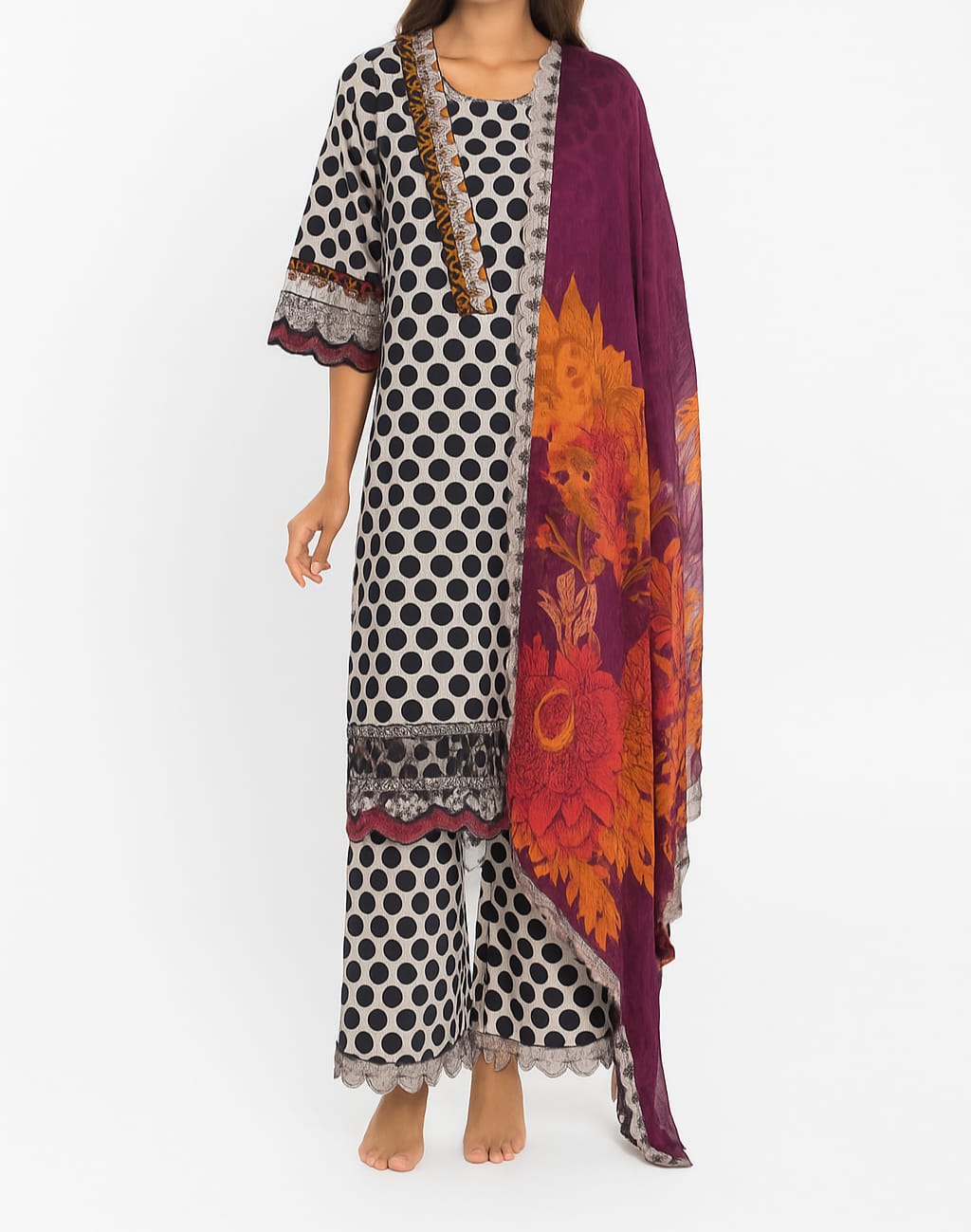Silakaari Farhat Polka Dot Pure Lawn Beige-Black Luxury Ready-Made Dress