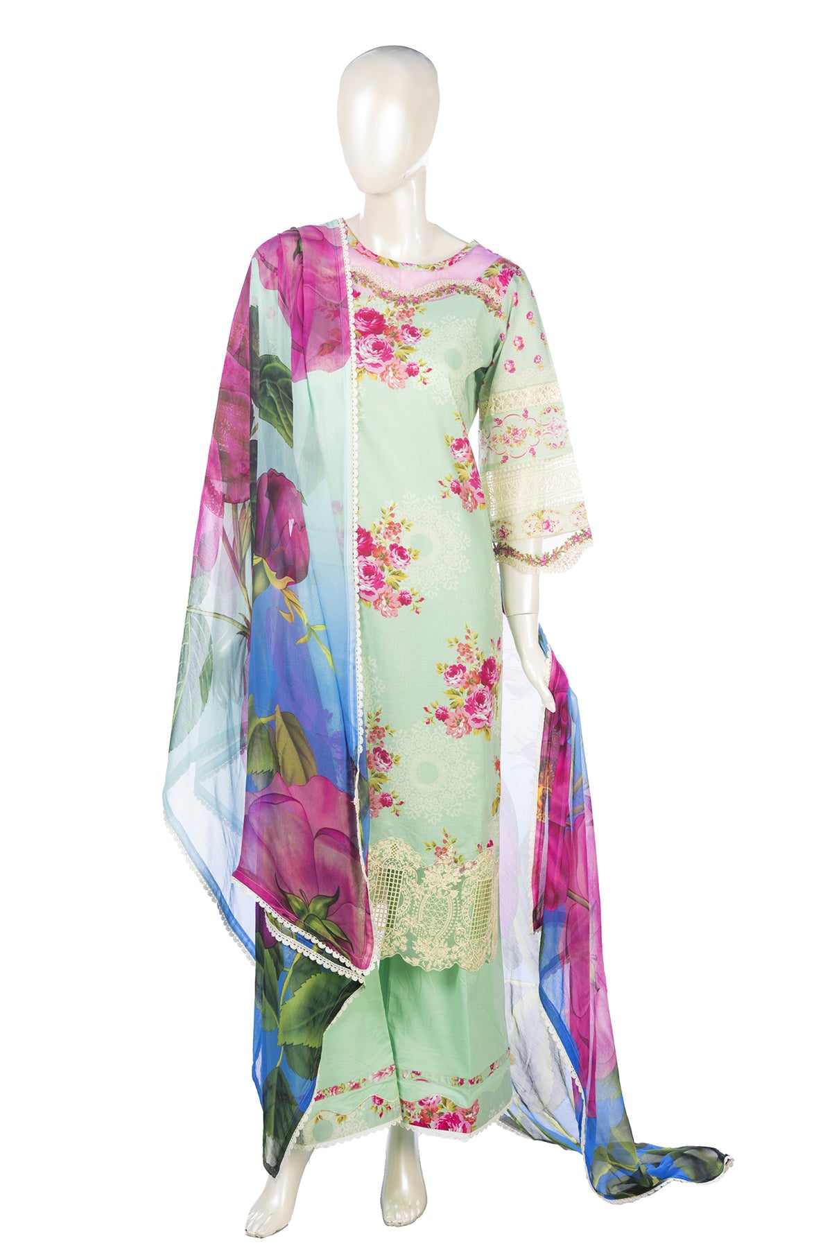 Silakaari Haseen Floss Green Pure Lawn Floral Organza Patch Work Premium Pakistani Ready-Made Dress