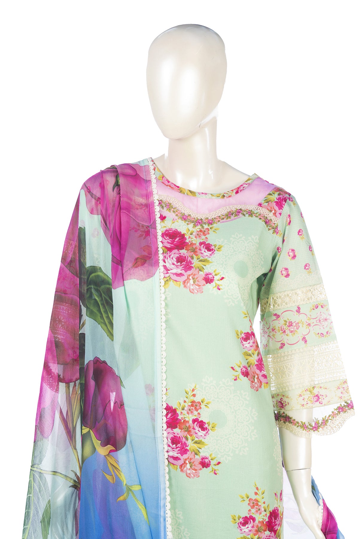 Silakaari Haseen Floss Green Pure Lawn Floral Organza Patch Work Premium Ready-Made Dress