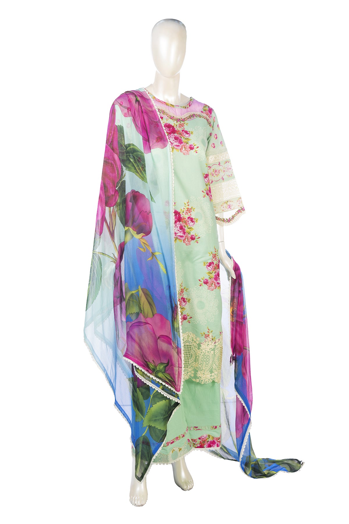 Silakaari Haseen Floss Green Pure Lawn Floral Organza Patch Work Premium Pakistani Ready-Made Dress