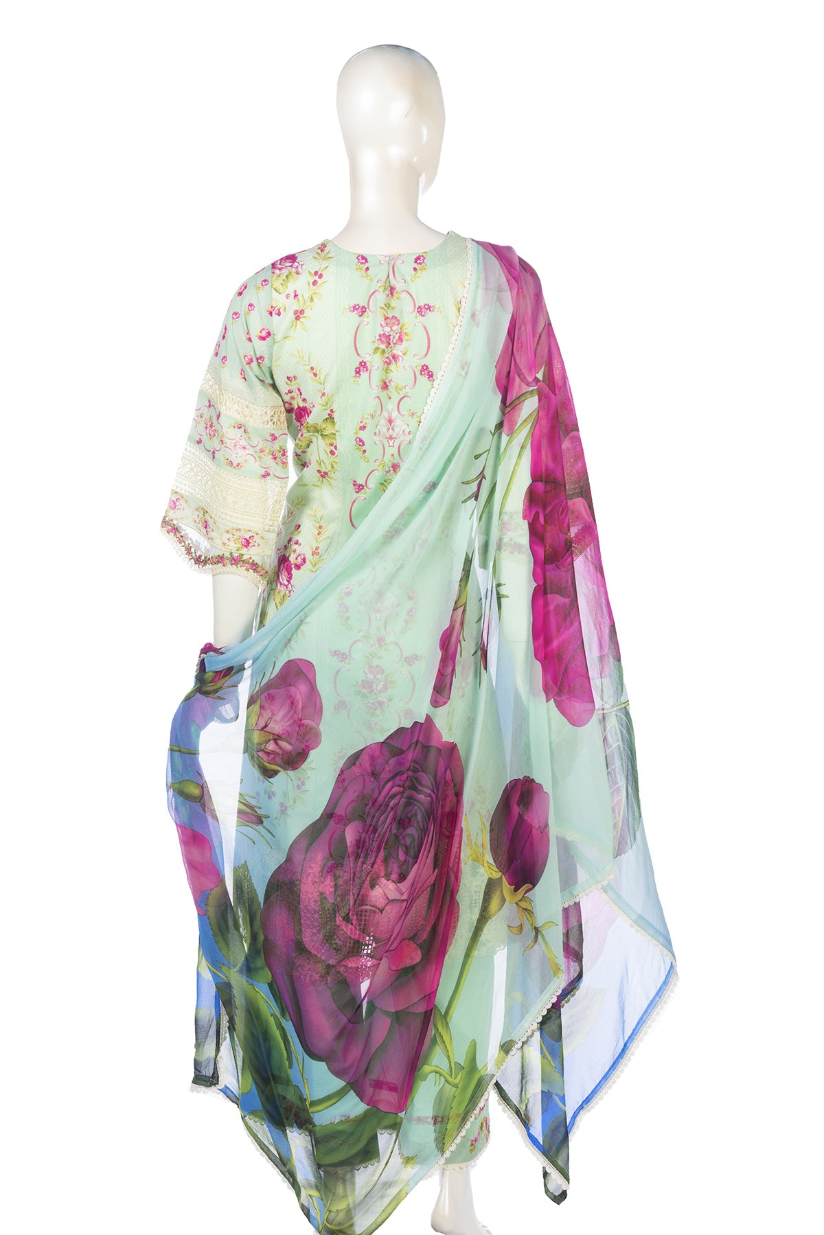 Silakaari Haseen Floss Green Pure Lawn Floral Organza Patch Work Premium Ready-Made Dress