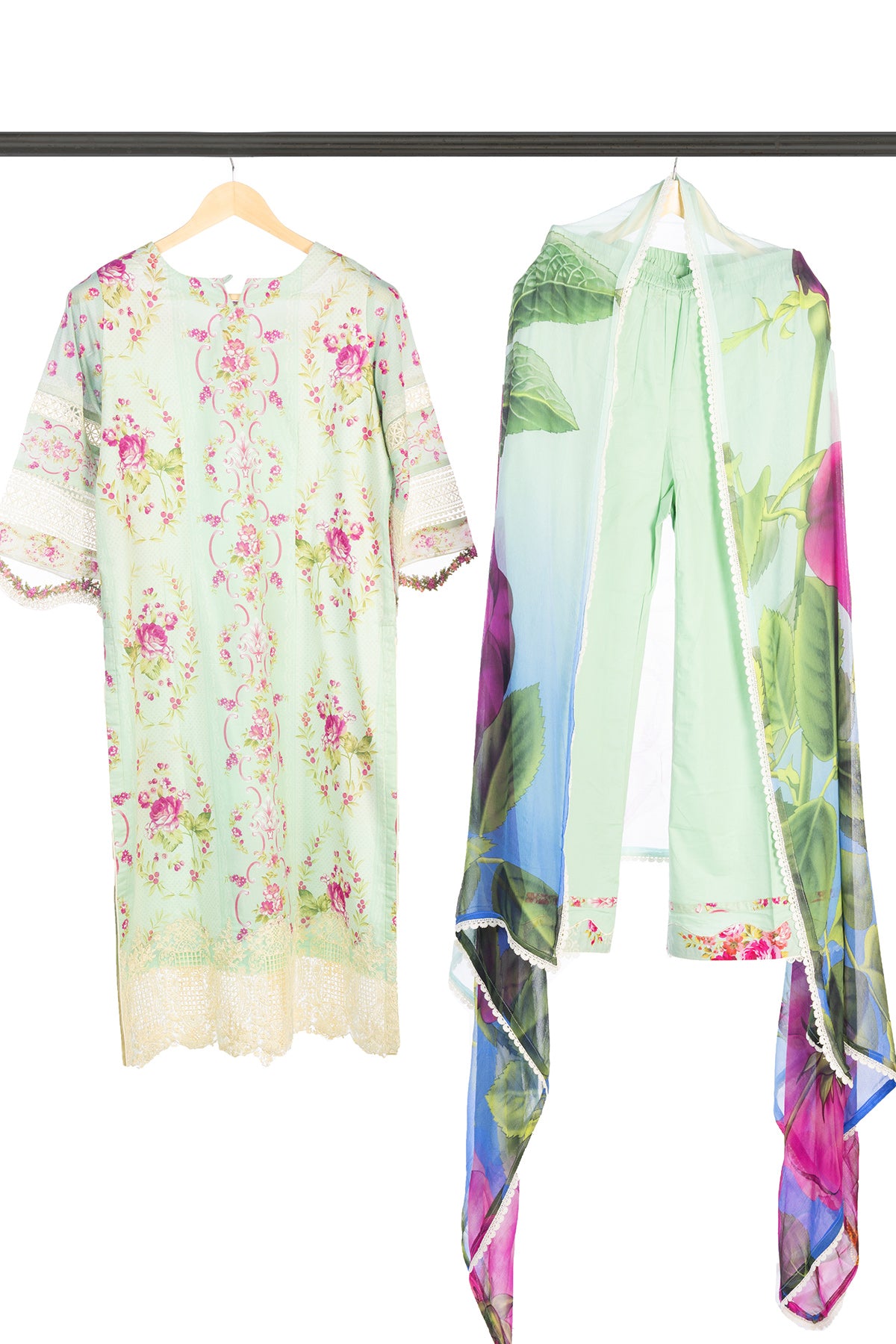 Silakaari Haseen Floss Green Pure Lawn Floral Organza Patch Work Premium  Ready-Made Dress