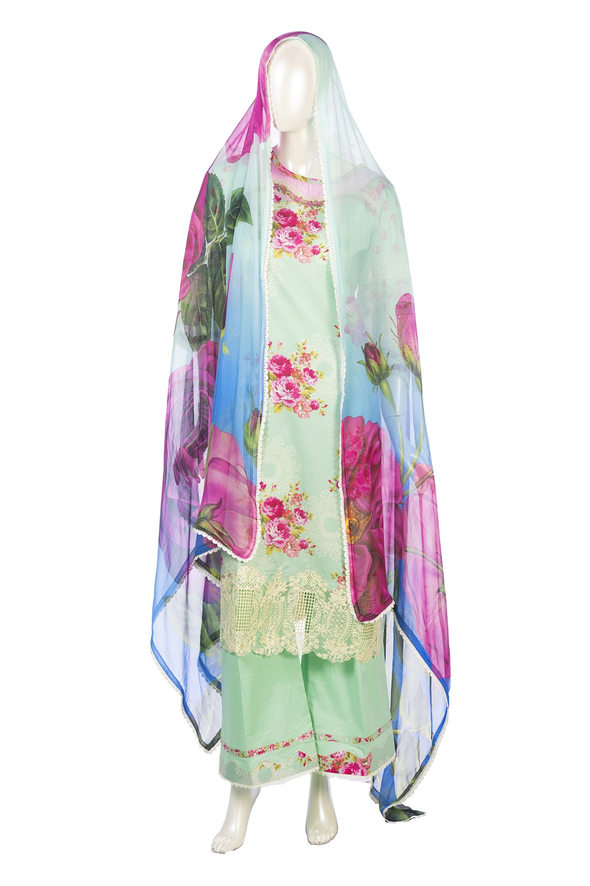 Silakaari Haseen Floss Green Pure Lawn Floral Organza Patch Work Premium Pakistani Ready-Made Dress