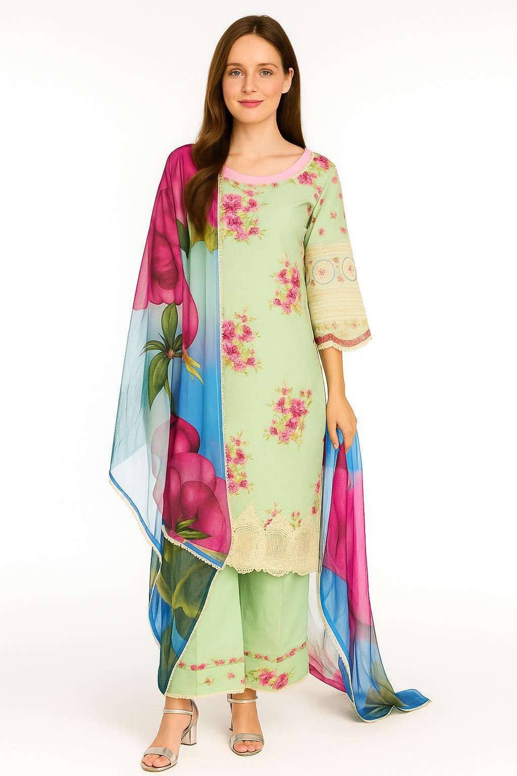 Silakaari Haseen Floss Green Pure Lawn Floral Organza Patch Work Premium Ready-Made Dress