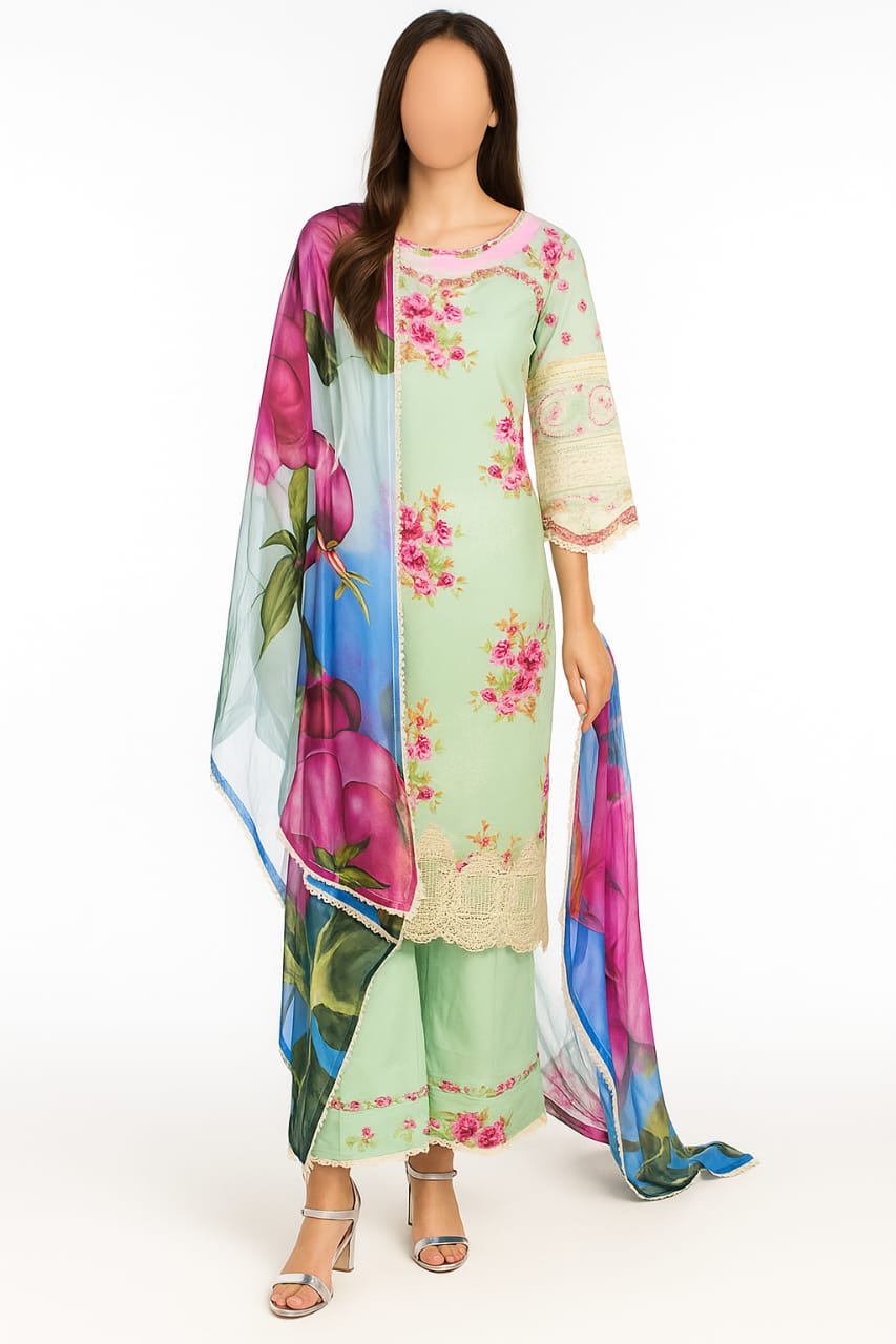 Silakaari Haseen Floss Green Pure Lawn Floral Organza Patch Work Premium Ready-Made Dress