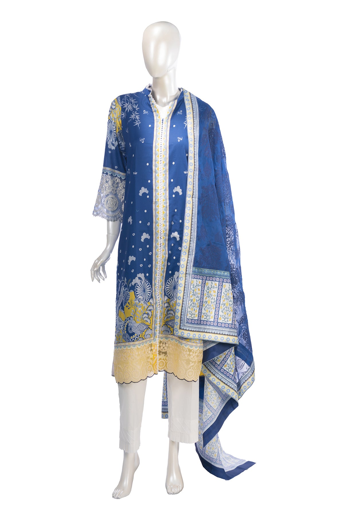 Silakaari Zebunnisa Pure Lawn Blue-Yellow Front Panel Super Lawn kalamkar Pakistani Ready-Made Dress