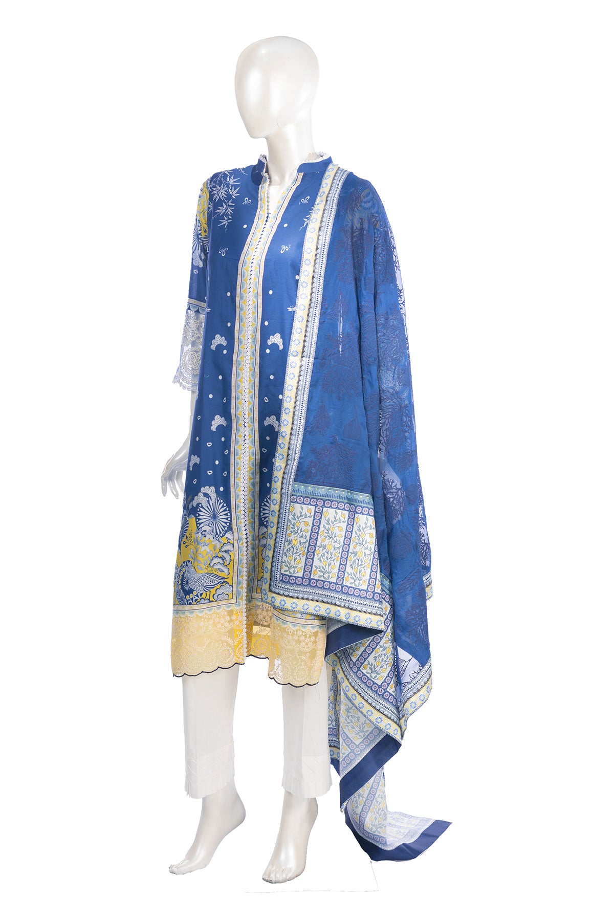 Silakaari Zebunnisa Pure Lawn Blue-Yellow Front Panel Super Lawn kalamkar Pakistani Ready-Made Dress