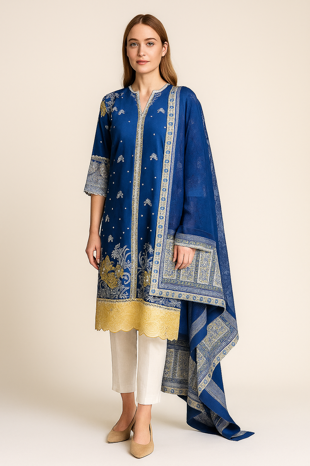 Silakaari Zebunnisa Pure Lawn Blue-Yellow Front Panel Super Lawn kalamkar Pakistani Ready-Made Dress