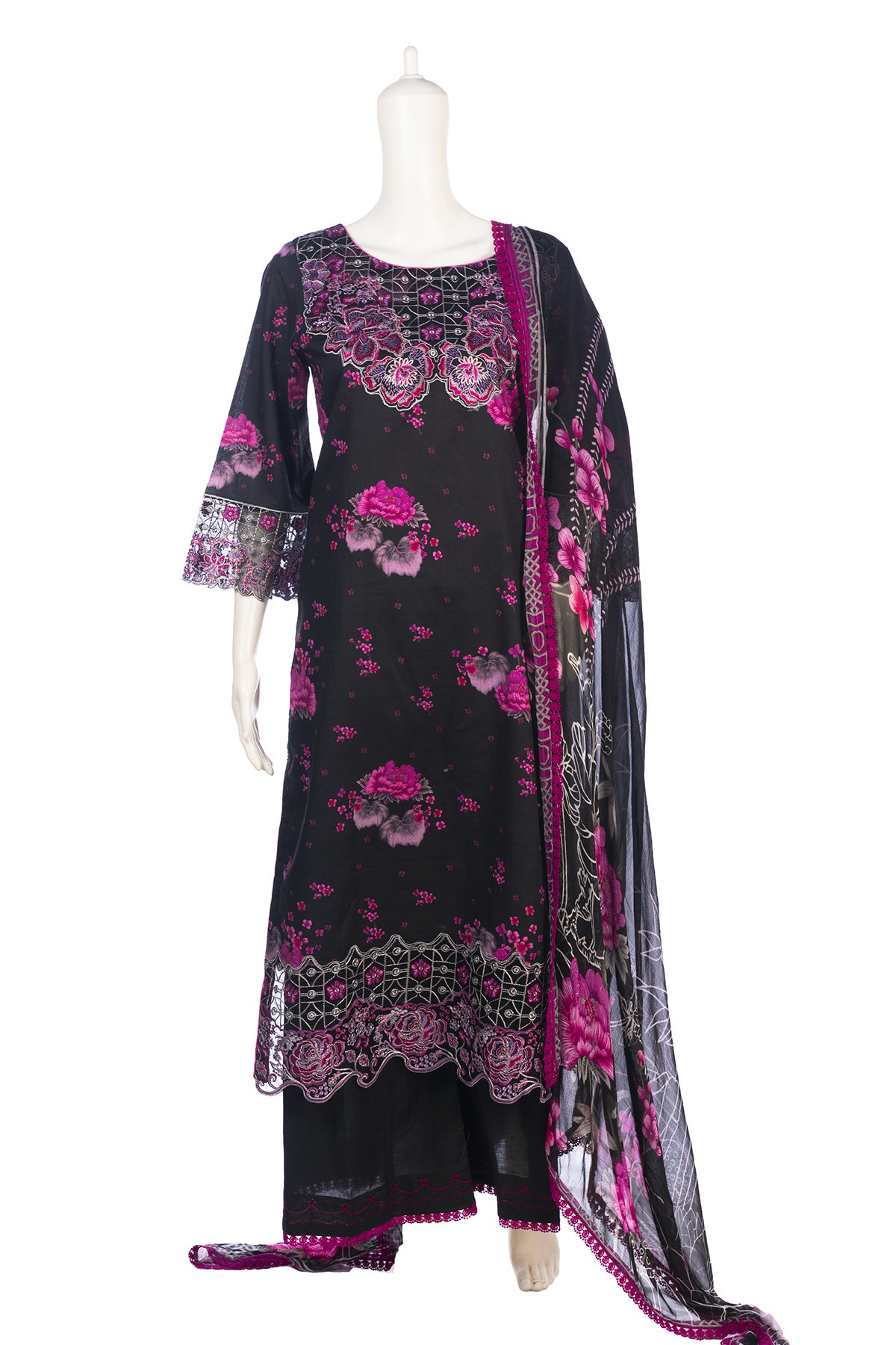 Silakaari Mahenoor Black-Pink Heavy Organza Patch Lacy PartyWear Pakistani Ready-Made Dress