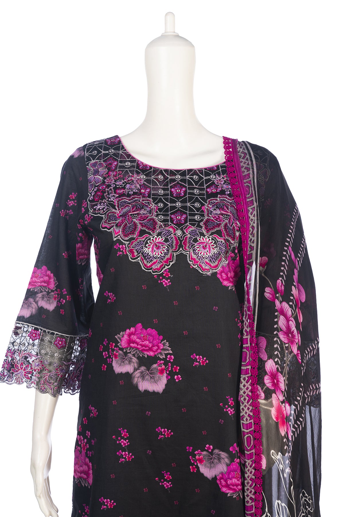 Silakaari Mahenoor Black-Pink Heavy Organza Patch Lacy PartyWear Pakistani Ready-Made Dress