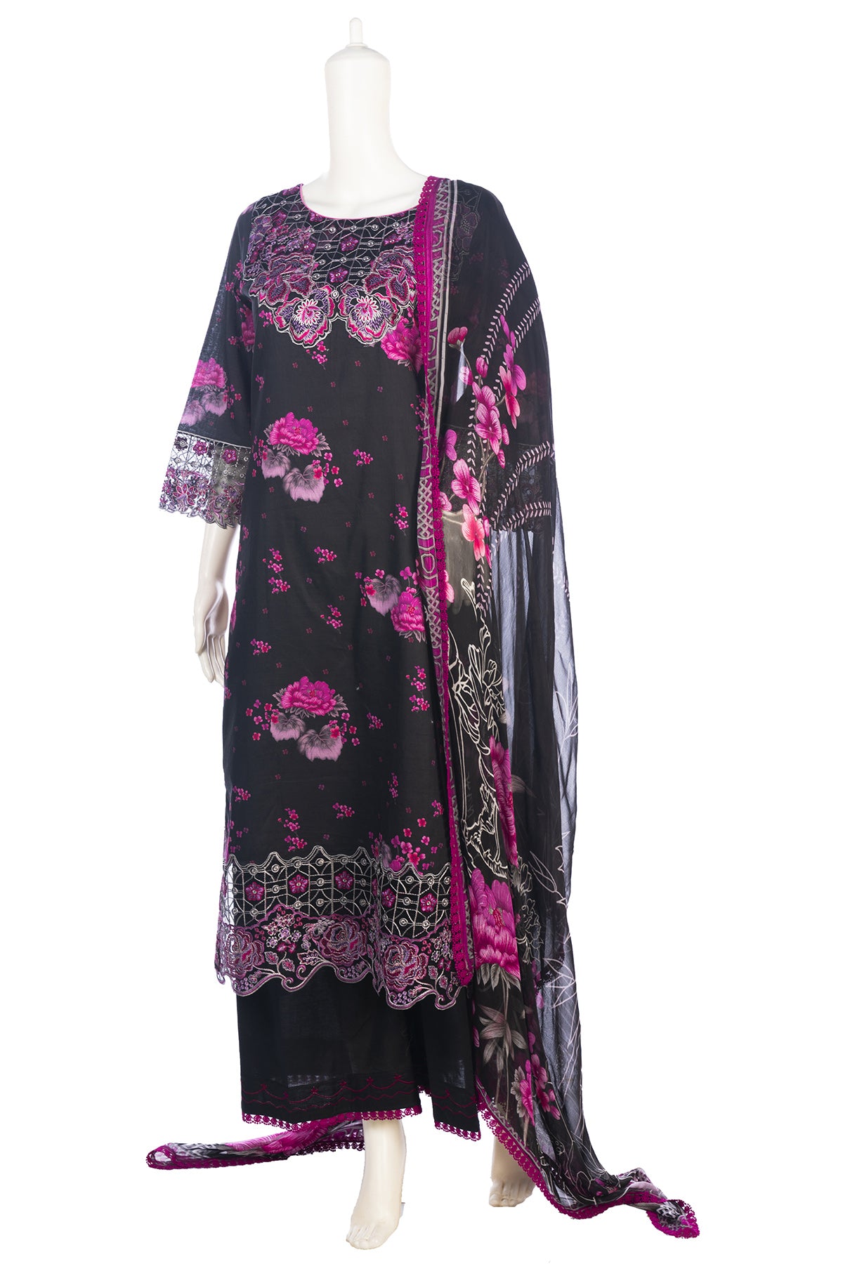 Silakaari Mahenoor Black-Pink Heavy Organza Patch Lacy PartyWear Pakistani Ready-Made Dress