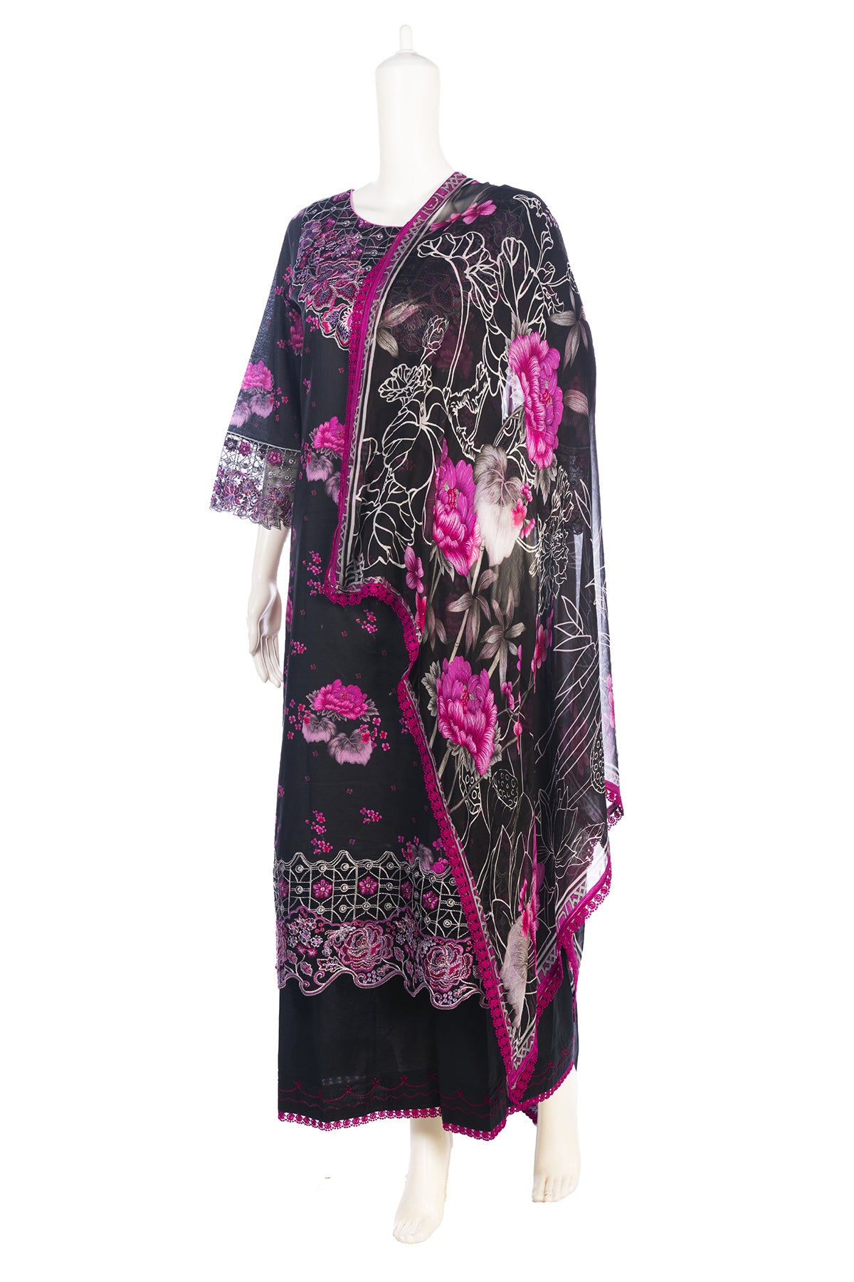 Silakaari Mahenoor Black-Pink Heavy Organza Patch Lacy PartyWear Pakistani Ready-Made Dress
