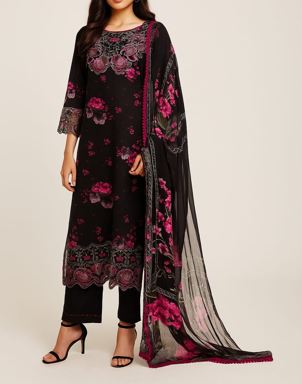 Silakaari Mahenoor Black-Pink Heavy Organza Patch Lacy PartyWear Ready-Made Dress