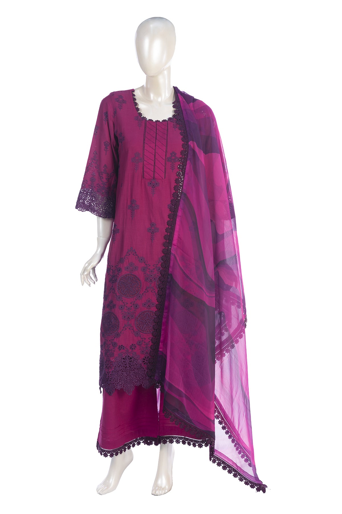 Silakaari Ehsaas Magenta Heavy Lacy Pure Lawn Sequin Embroidery Pakistani Ready-Made Dress