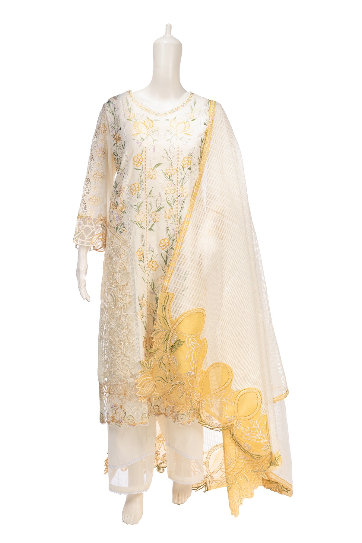 Silakaari Roomani Cream-Gold Heavy Organza Patch Fancy Dupatta Ready-Made Dress