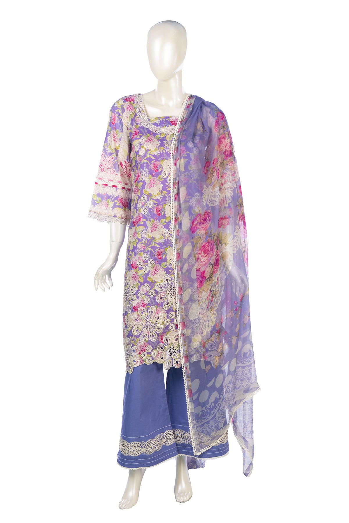 Silakaari Faraham Purple Pure Lawn Lacy Chikan Organza Patch Kurti With Semi-Palazzo Pakistani Ready-Made Dress