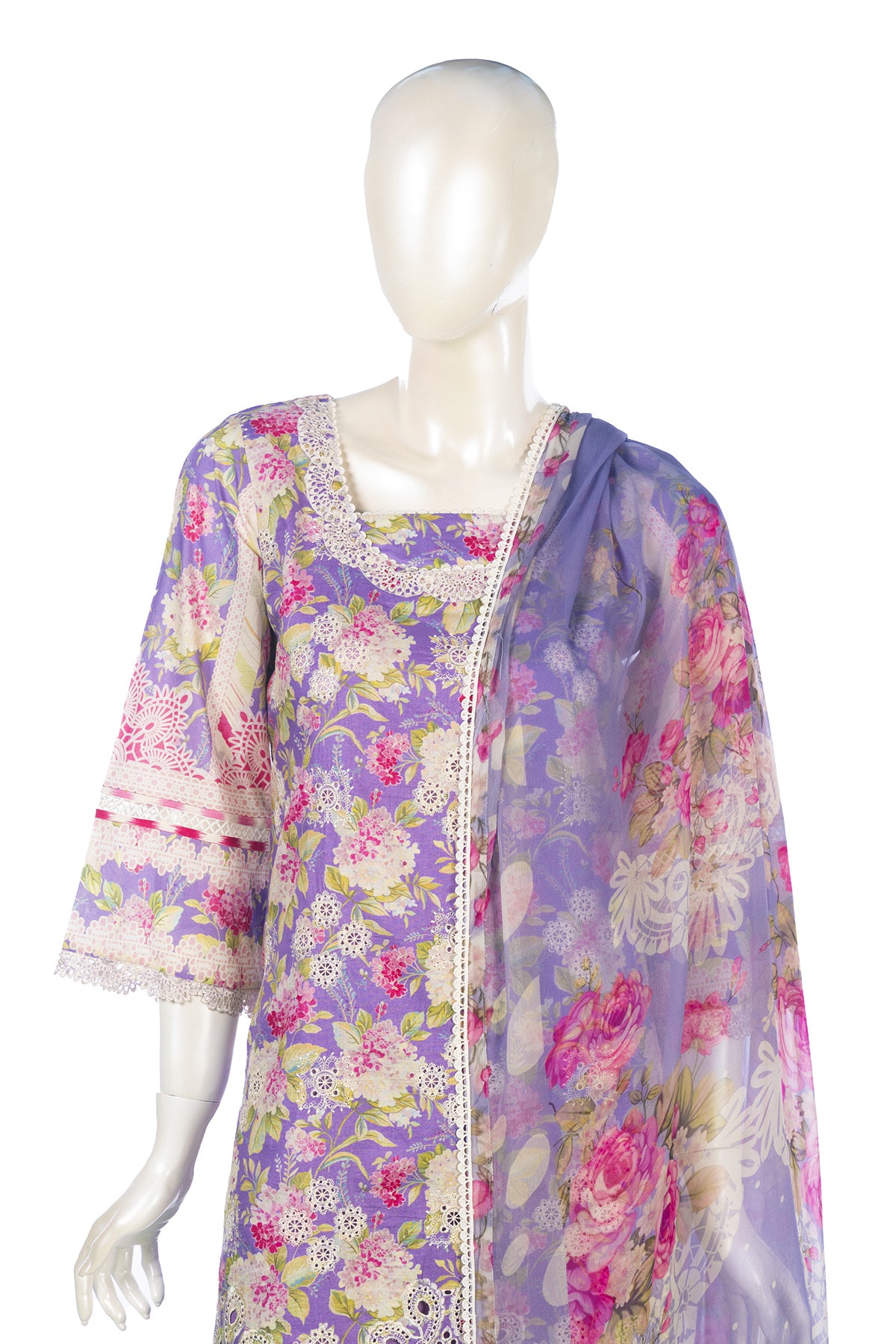 Silakaari Faraham Purple Pure Lawn Lacy Chikan Organza Patch Kurti With Semi-Palazzo Pakistani Ready-Made Dress
