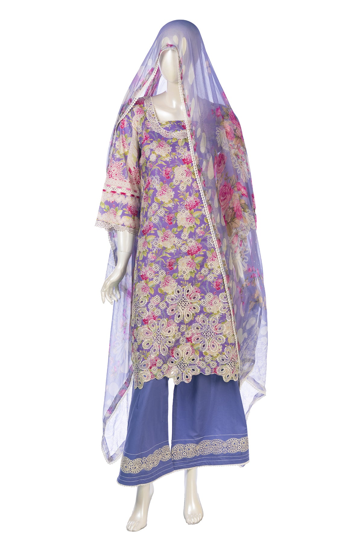Silakaari Faraham Purple Pure Lawn Lacy Chikan Organza Patch Kurti With Semi-Palazzo Pakistani Ready-Made Dress