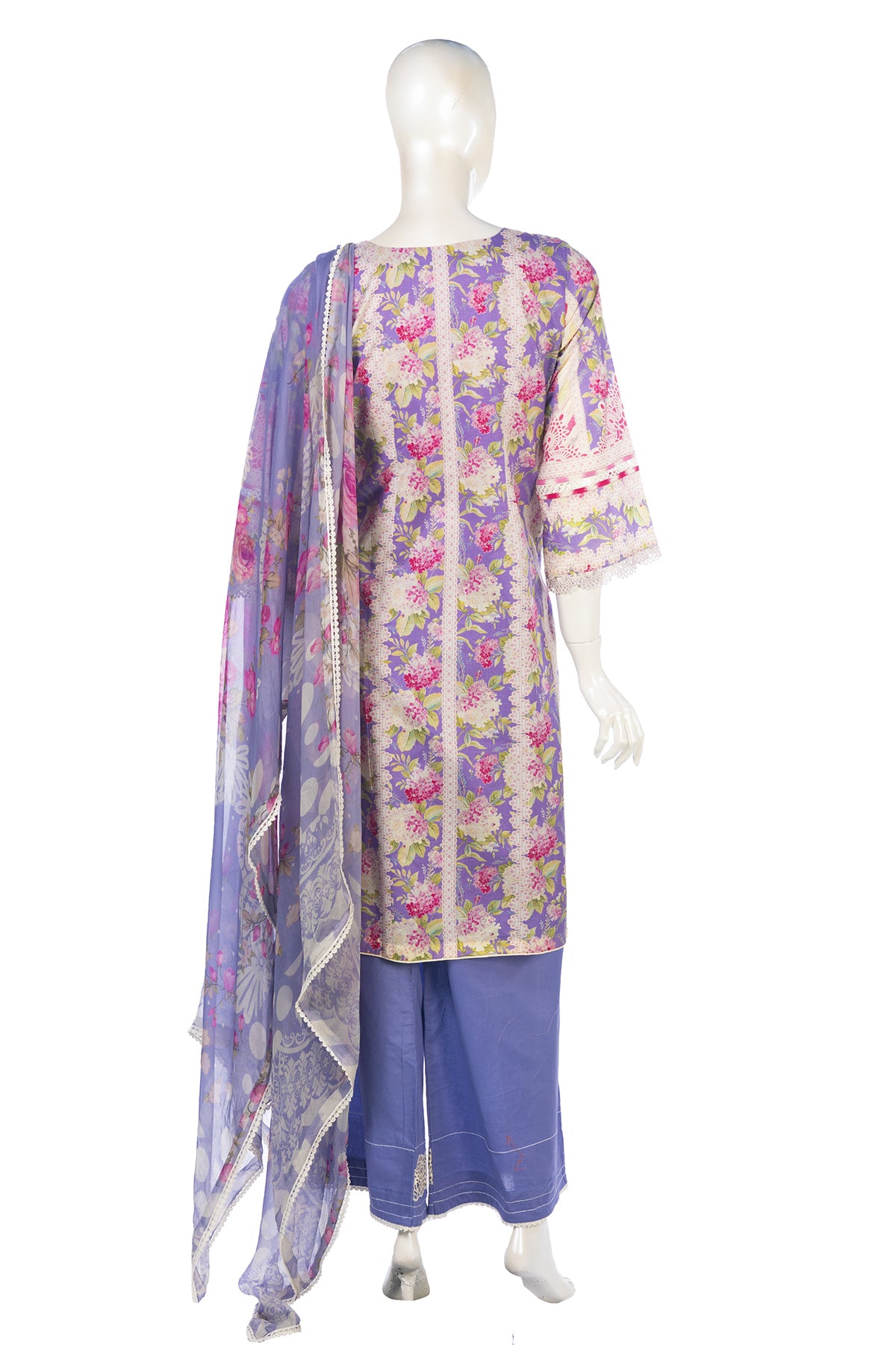Silakaari Faraham Purple Pure Lawn Lacy Chikan Organza Patch Kurti With Semi-Palazzo Pakistani Ready-Made Dress