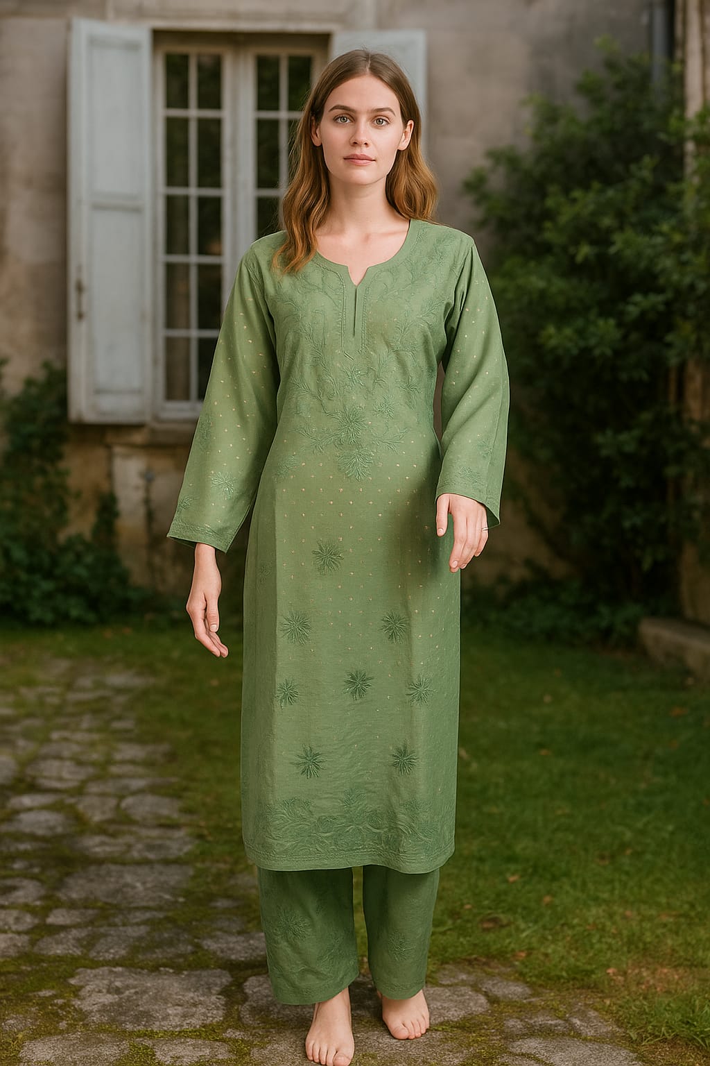 Silakaari Women's Pure Chanderi Golden Dots Kurti Palazzo Premium Lucknowi Set