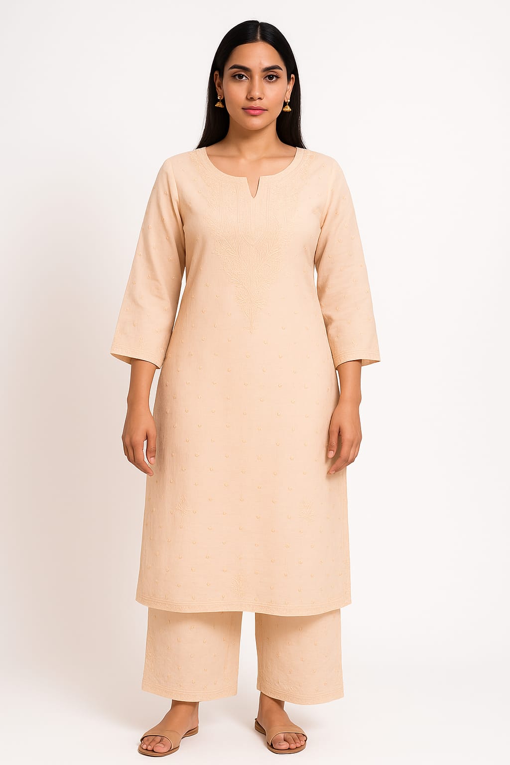 Silakaari Women's Pure Chanderi Golden Dots Kurti Palazzo Premium Lucknowi Set