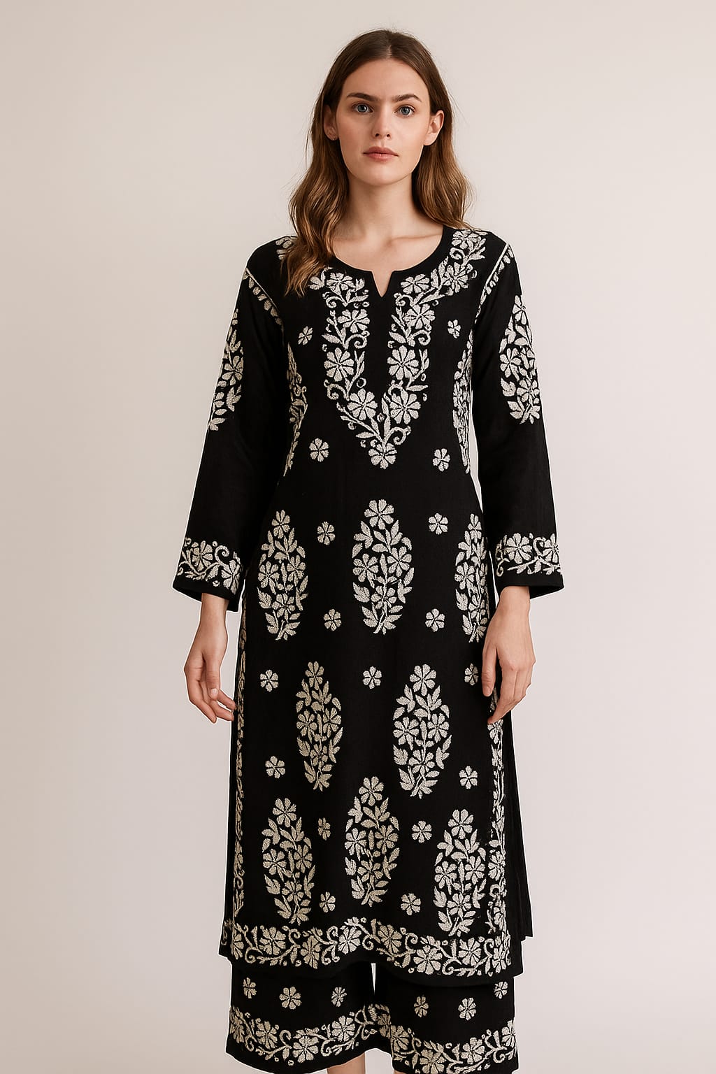 Silakaari Women's Pure Modal Lucknowi Premium Kurti Palazzo Set