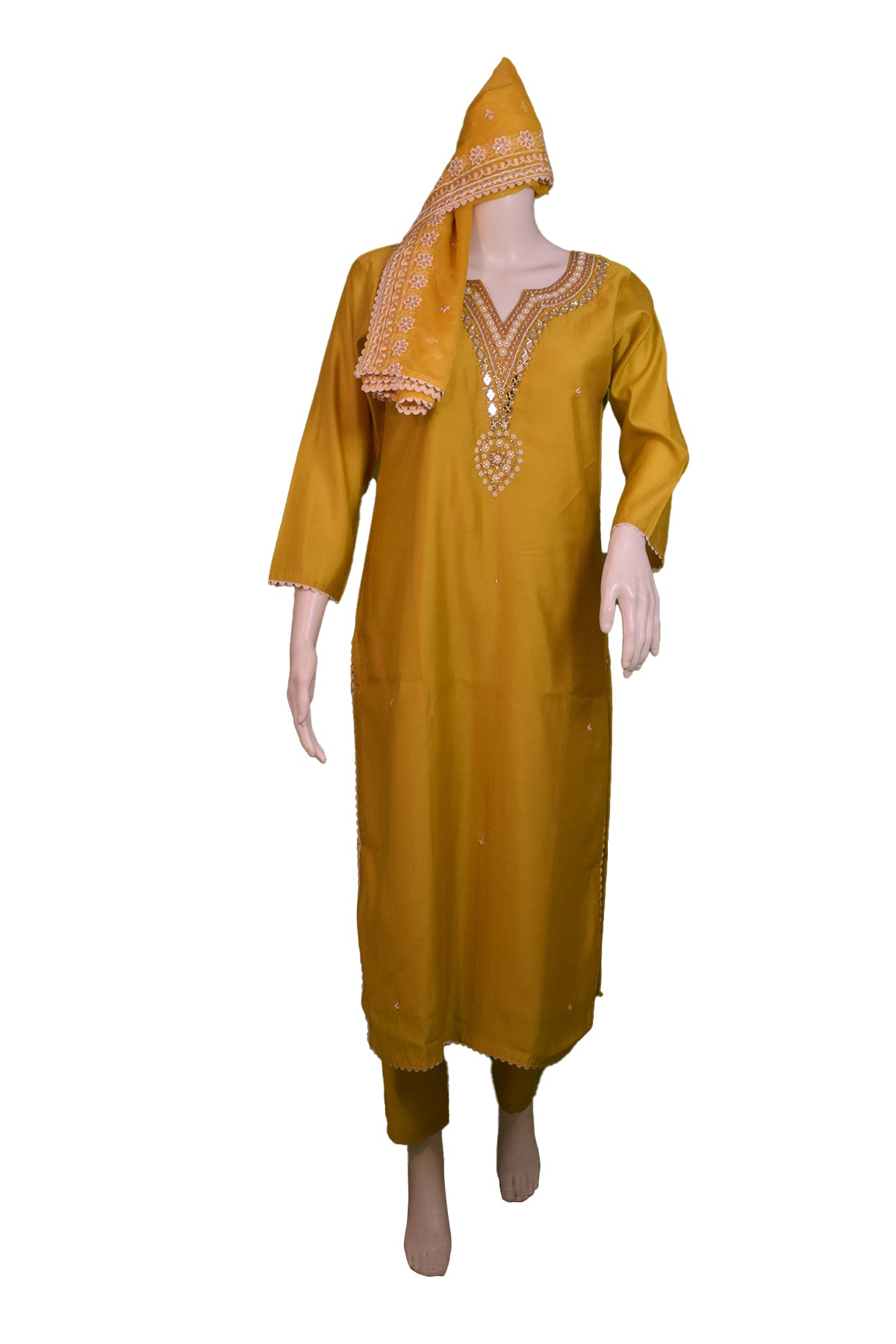 Silakaari Women's V Style Pearl Heavy Embroidered Pure Dola Silk Kurti Pant Dupatta Set