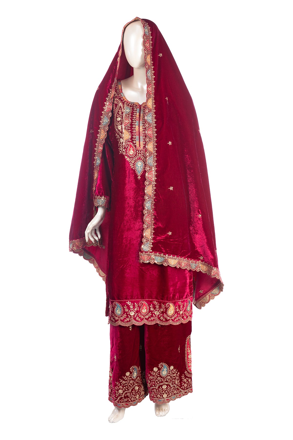 Silakaari Mahogony Maroon Gold Sequin Heavy Bridal Velvet Garara Palazzo Set