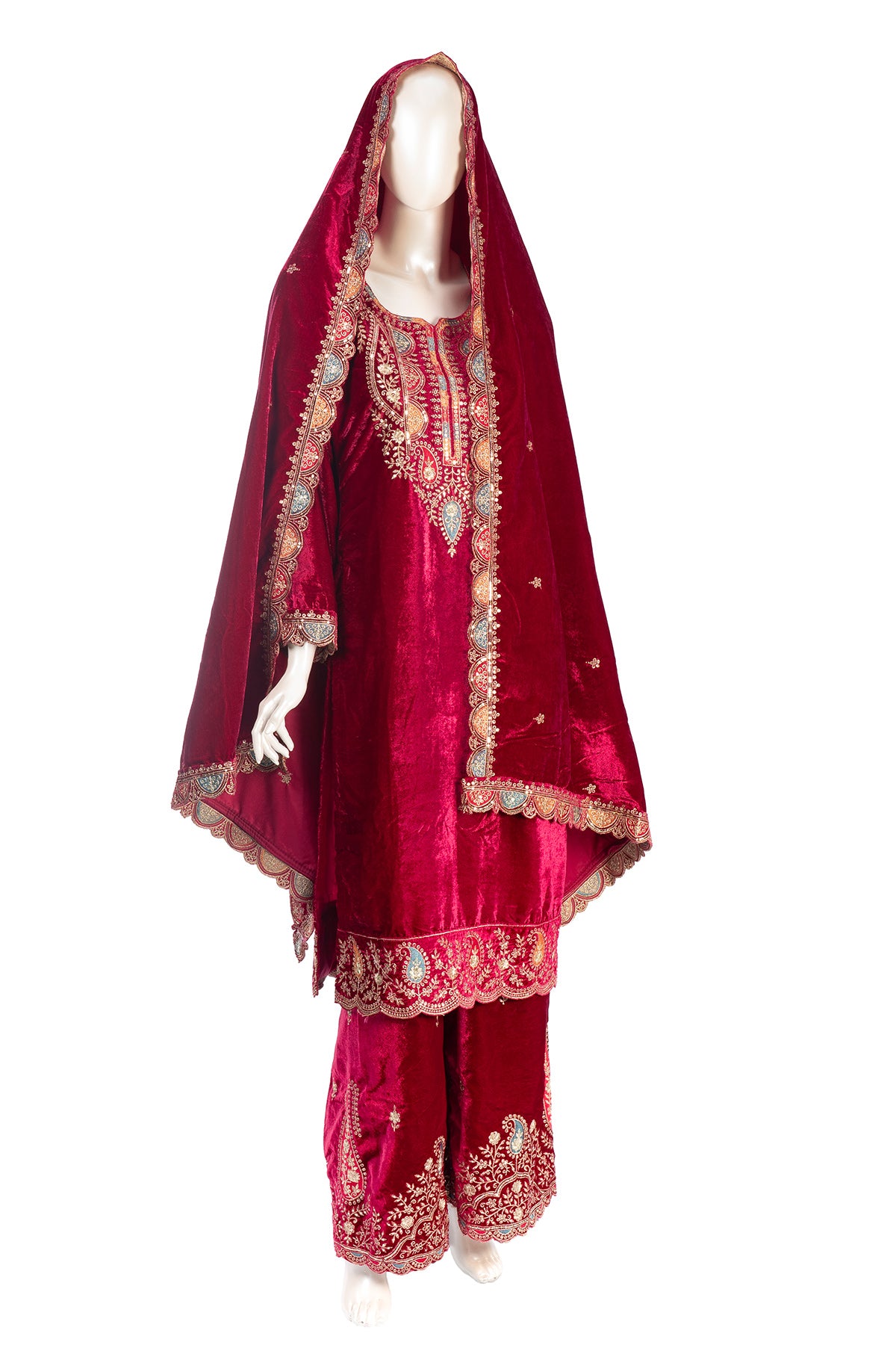 Silakaari Mahogony Maroon Gold Sequin Heavy Bridal Velvet Garara Palazzo Set