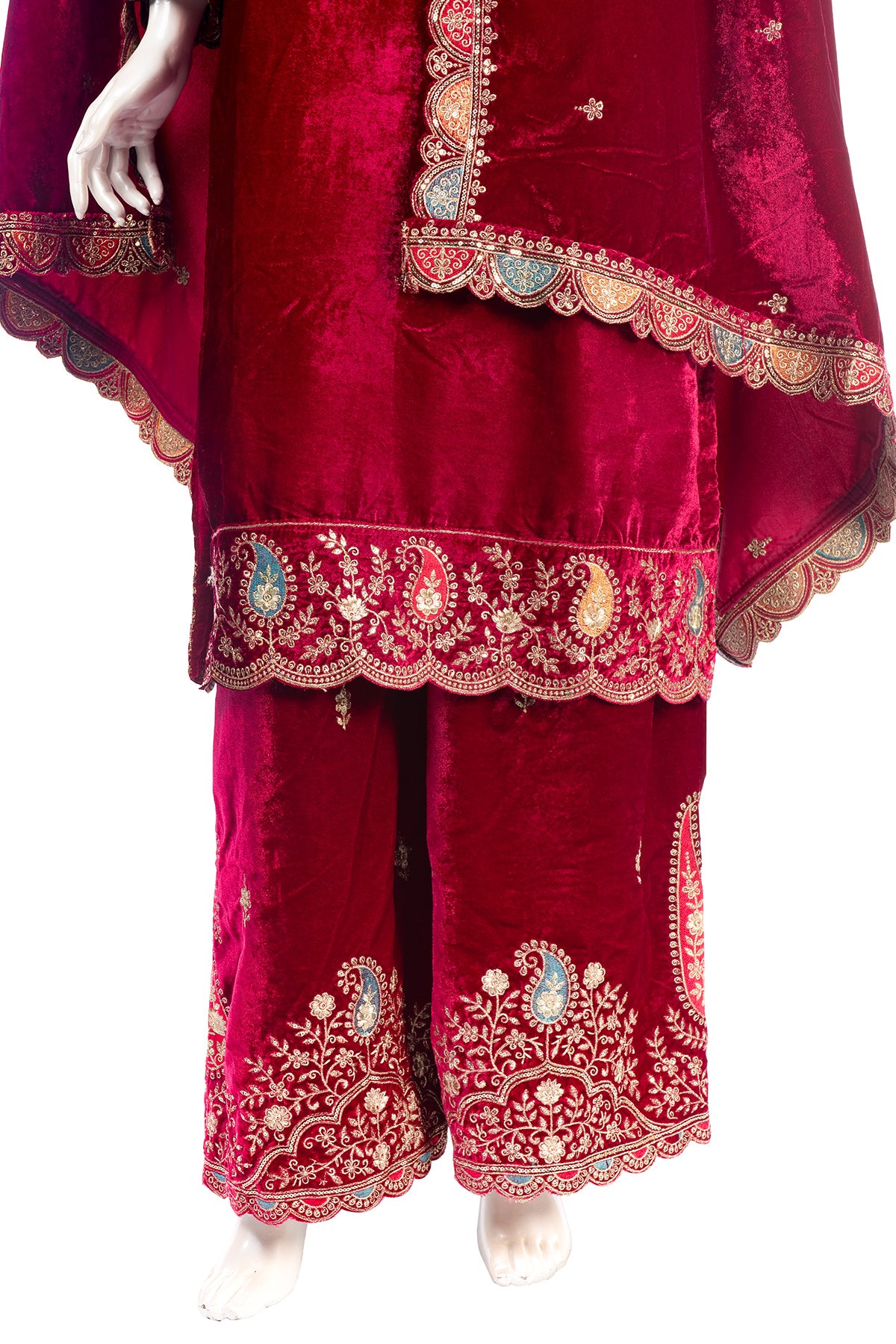 Silakaari Mahogony Maroon Gold Sequin Heavy Bridal Velvet Garara Palazzo Set