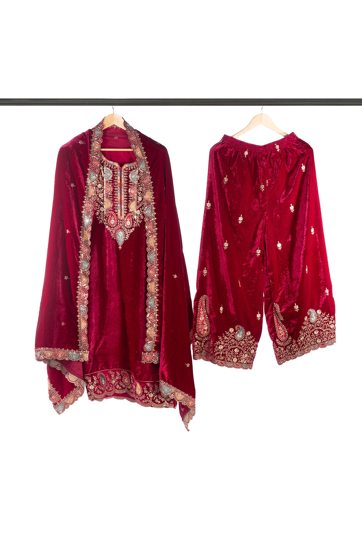 Silakaari Mahogony Maroon Gold Sequin Heavy Bridal Velvet Garara Palazzo Set