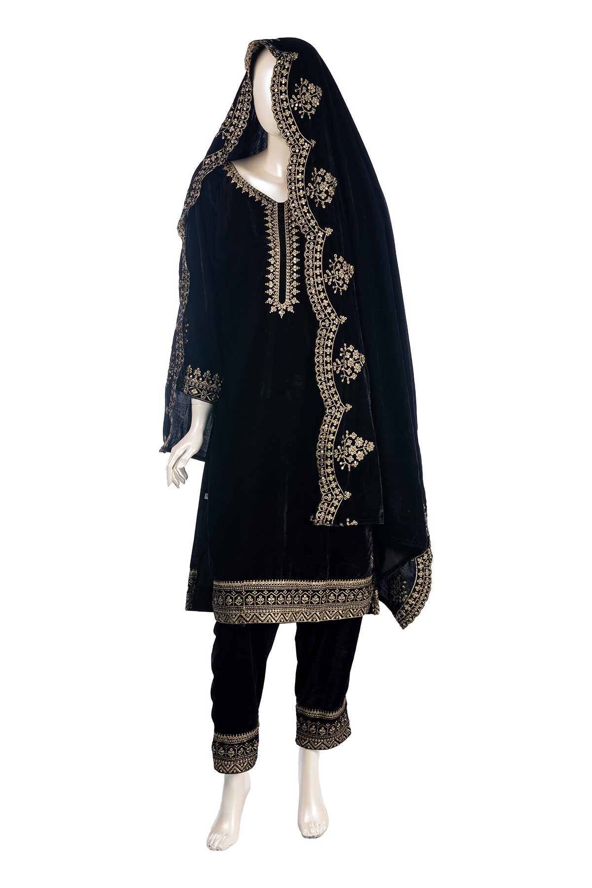 Black Classic Velvet Embroidery Work Heavy Bridal Kurti Pant Set