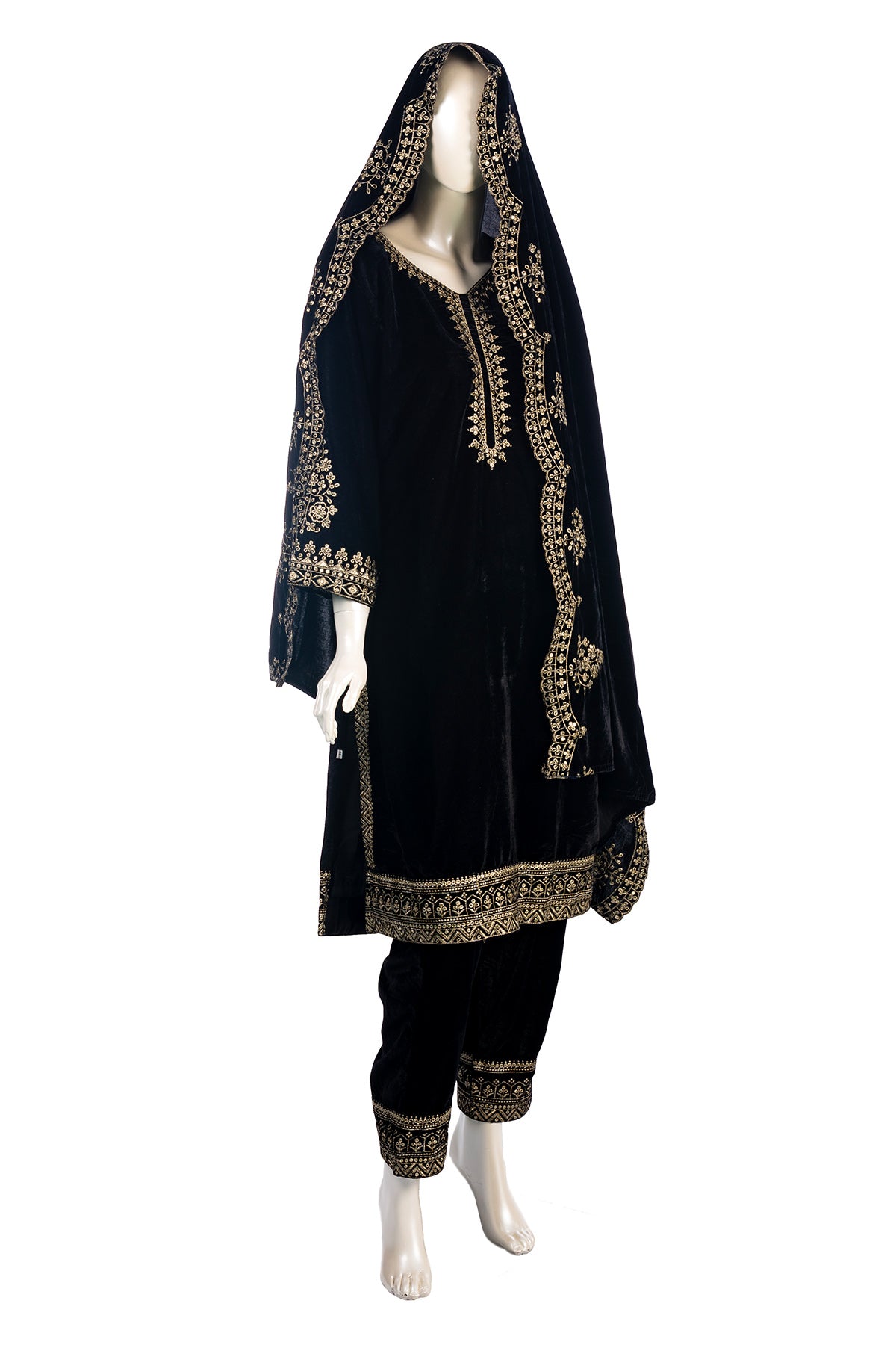 Black Classic Velvet Embroidery Work Heavy Bridal Kurti Pant Set