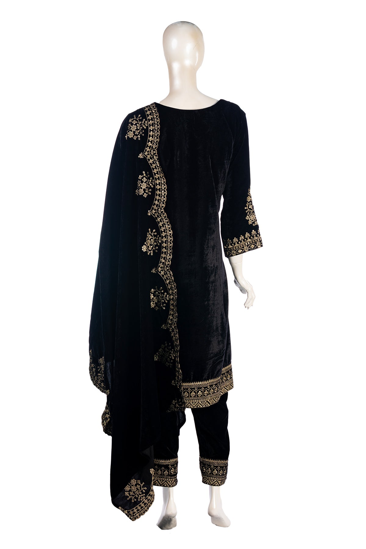 Black Classic Velvet Embroidery Work Heavy Bridal Kurti Pant Set