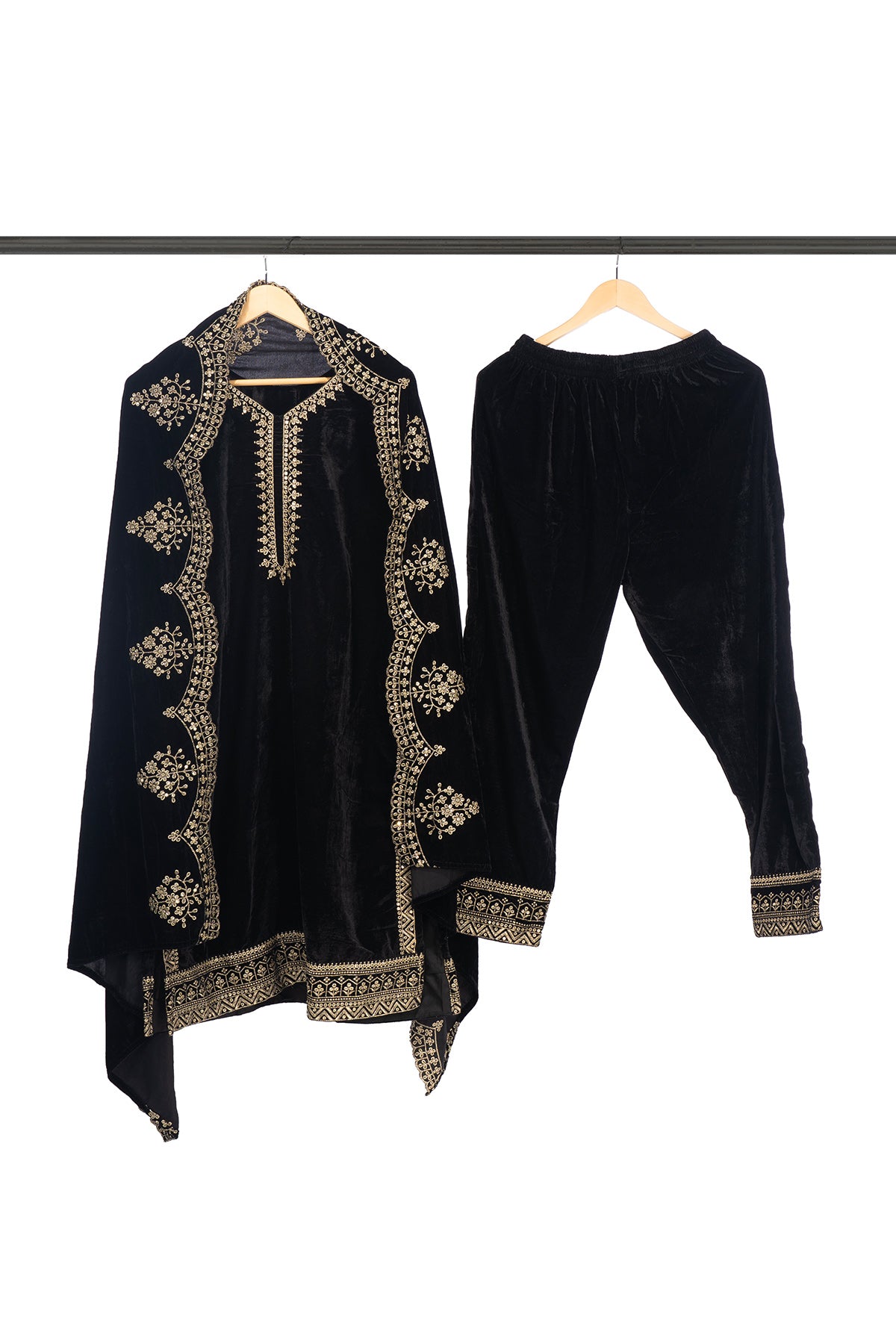 Black Classic Velvet Embroidery Work Heavy Bridal Kurti Pant Set