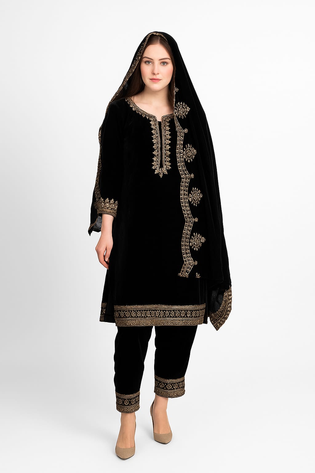 Black Classic Velvet Embroidery Work Heavy Bridal Kurti Pant Set