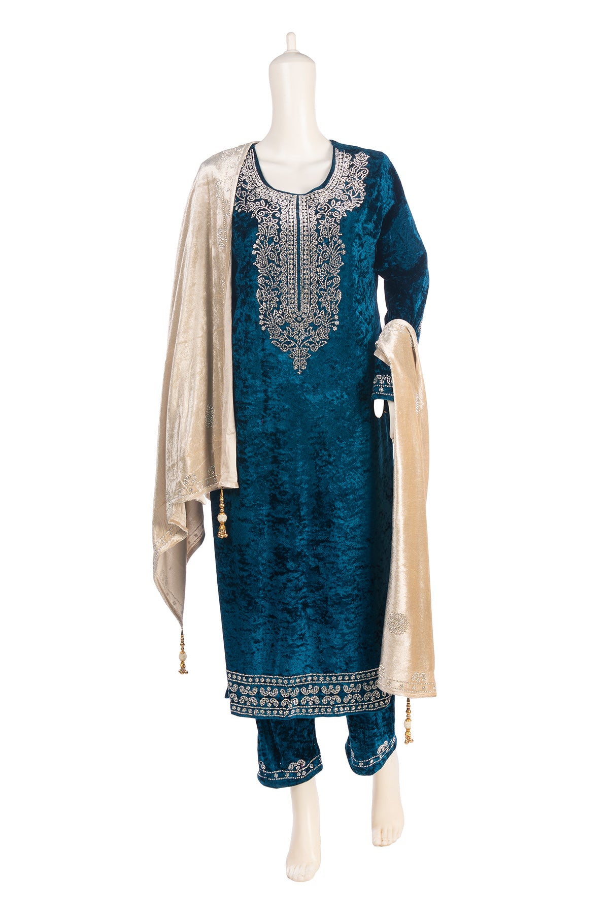 Silakaari Mahima Turquoise Dimond Pure Velvet Fancy Bridal Kurti Pant Set