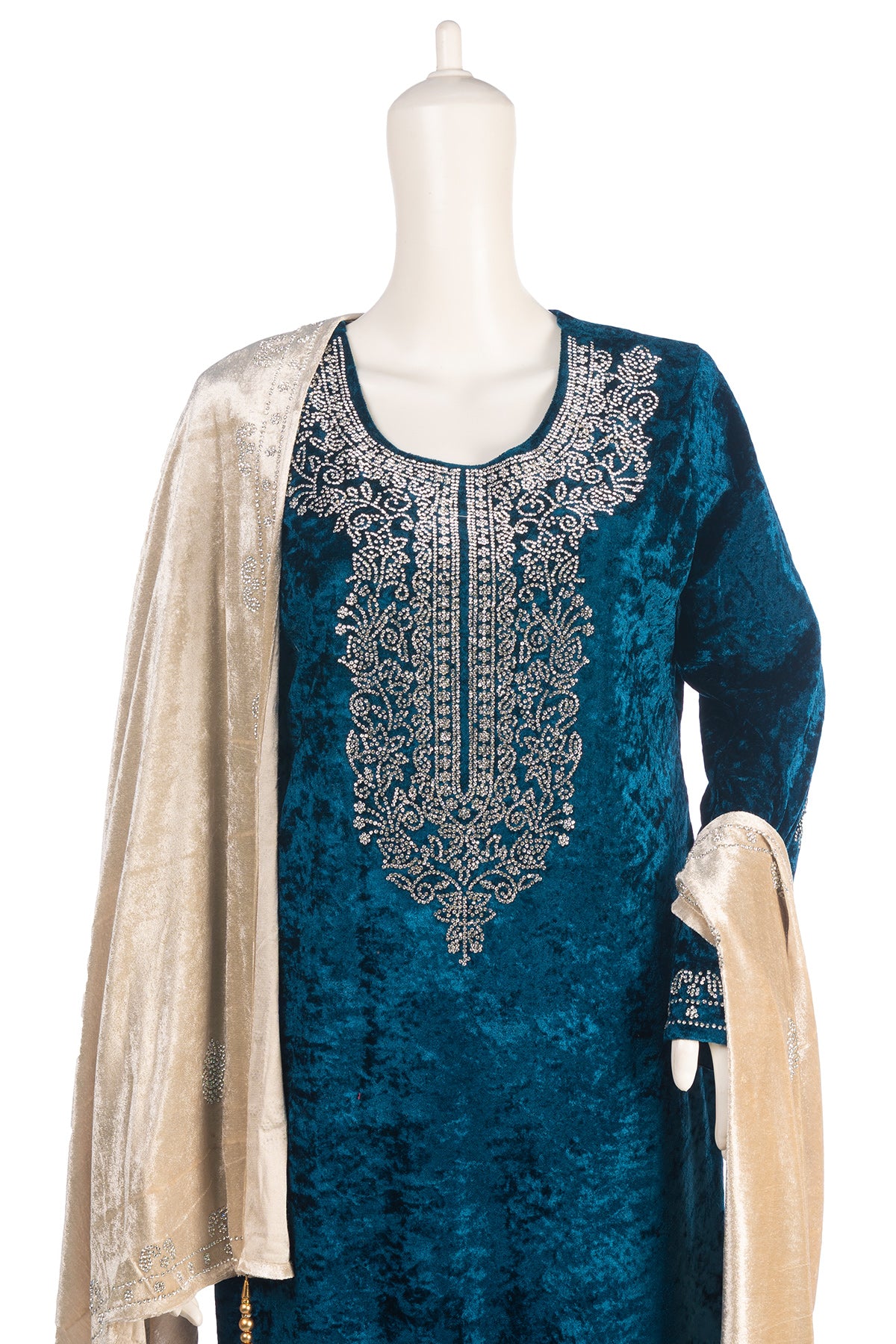 Silakaari Mahima Turquoise Dimond Pure Velvet Fancy Bridal Kurti Pant Set