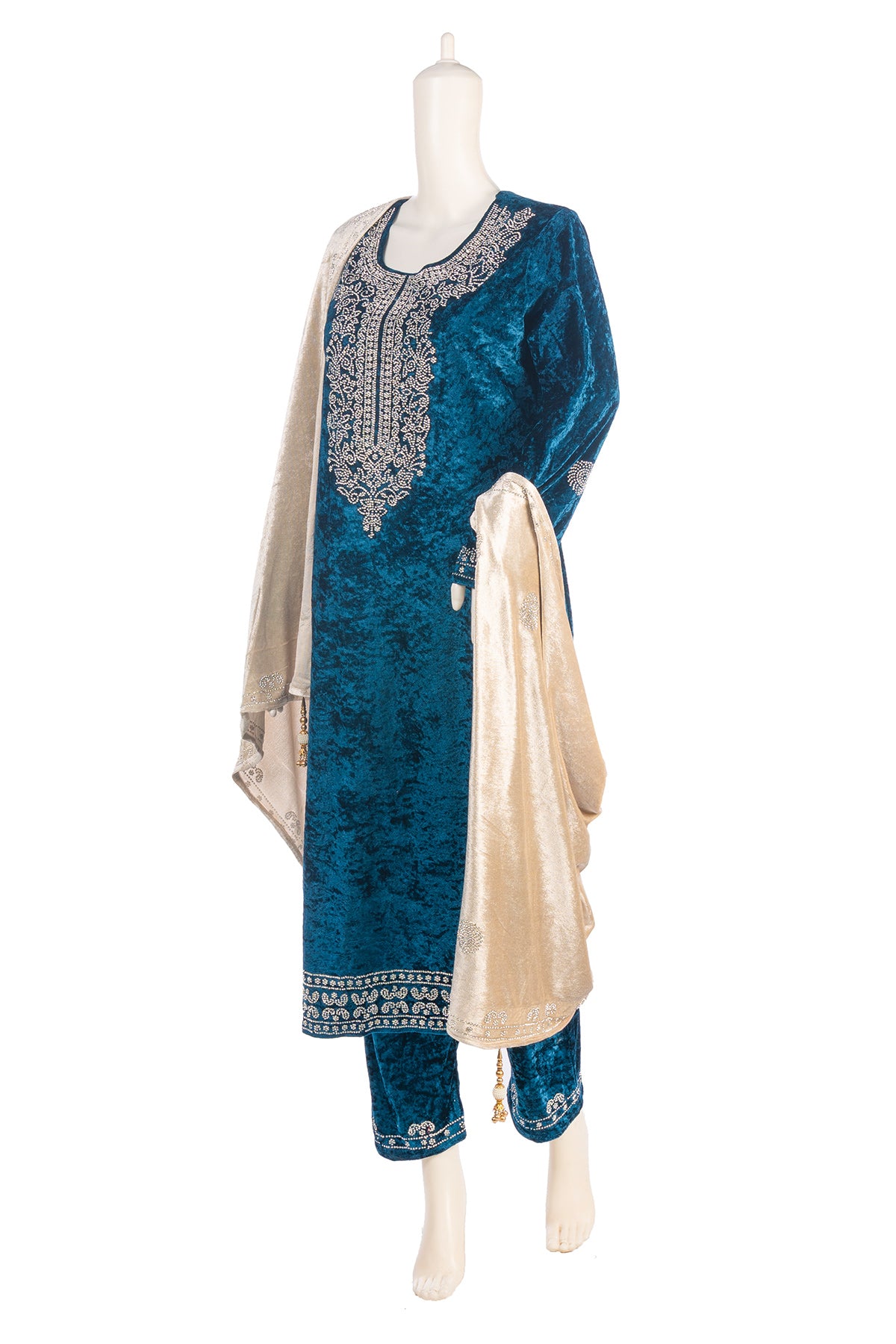 Silakaari Mahima Turquoise Dimond Pure Velvet Fancy Bridal Kurti Pant Set