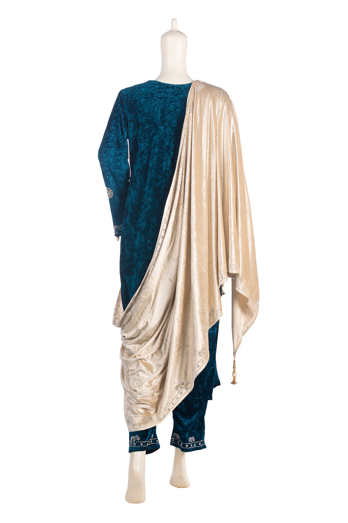 Silakaari Mahima Turquoise Dimond Pure Velvet Fancy Bridal Kurti Pant Set