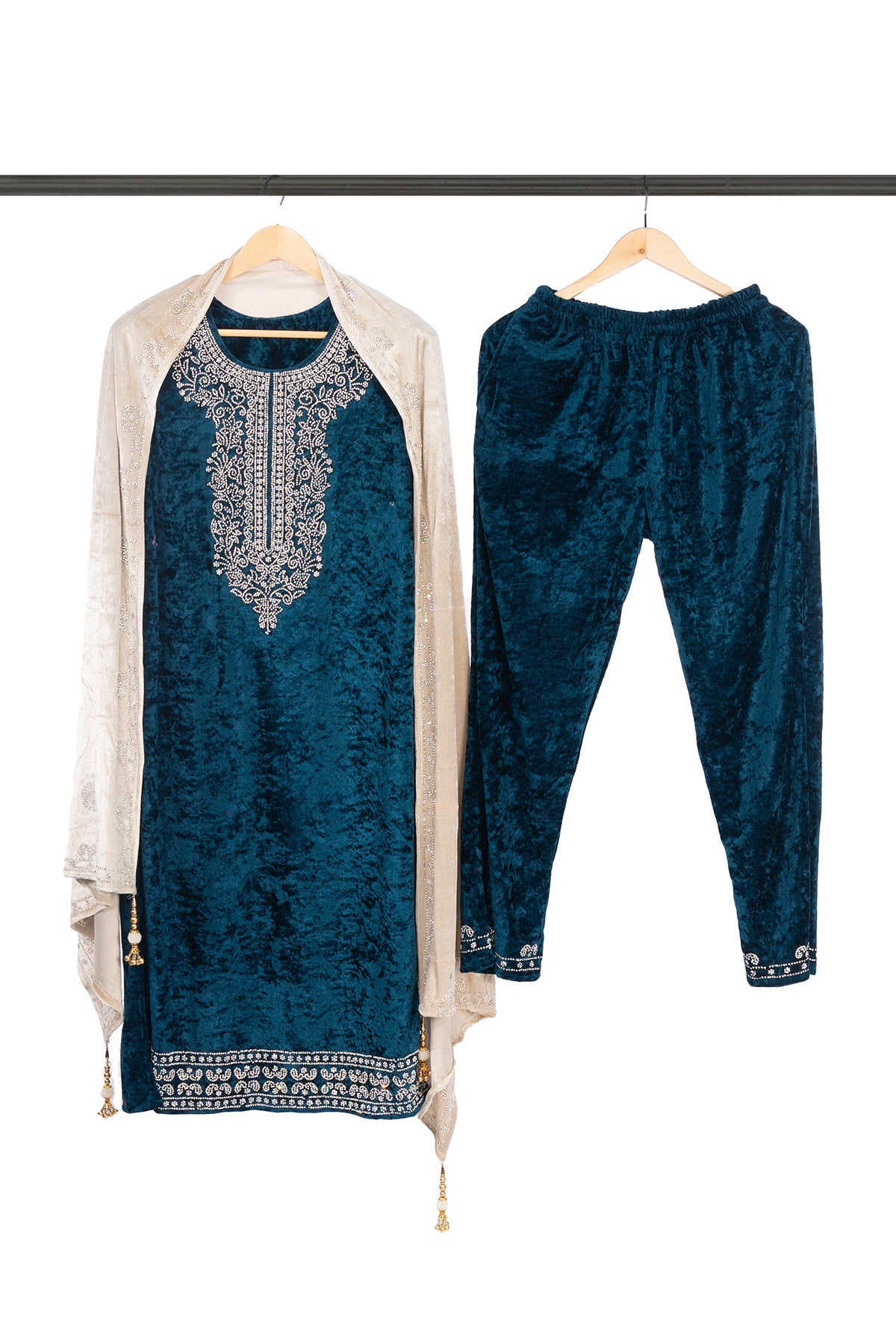 Silakaari Mahima Turquoise Dimond Pure Velvet Fancy Bridal Kurti Pant Set